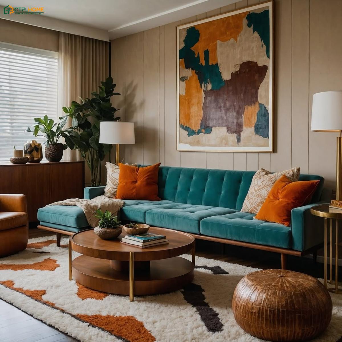 Tranh hình học kết hợp thảm họa tiết giúp phòng khách 20m2 Retro trở nên sinh động và cuốn hút hơn
