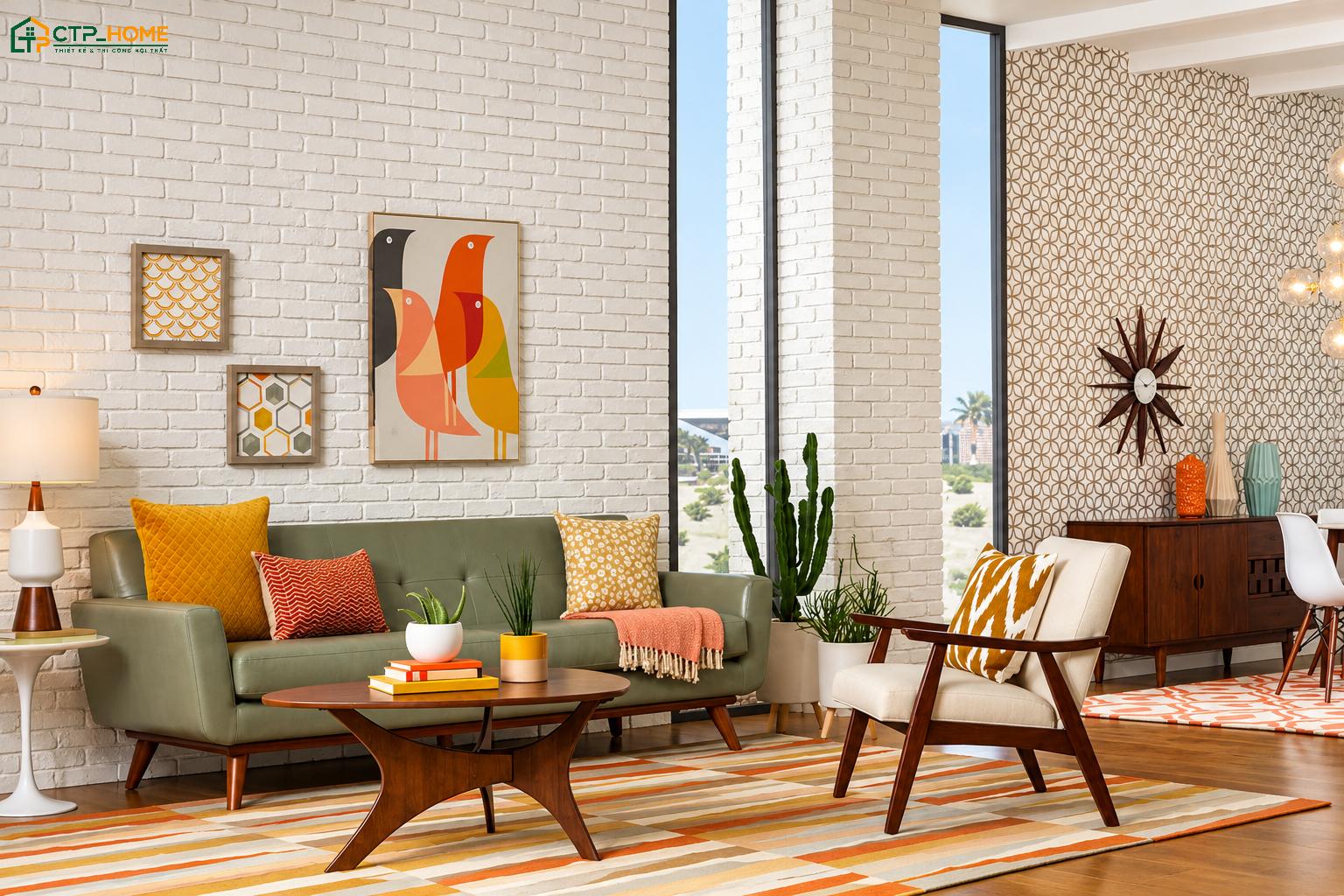 Mẫu decor phòng khách 20m2 Retro kết hợp sofa bo tròn cùng bàn trà chân thấp để tạo vẻ đẹp trẻ trung