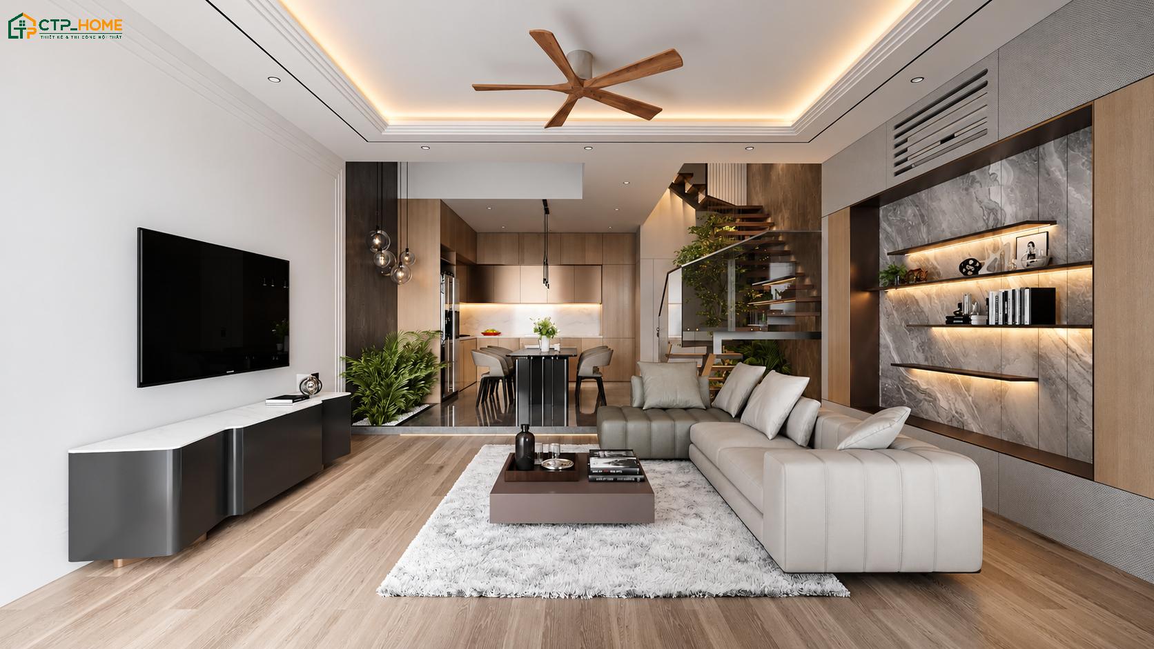 Mẫu thiết kế phòng khách 20m2 hiện đại sử dụng đồ nội thất gọn gàng sẽ mang đến vẻ đẹp trẻ trung