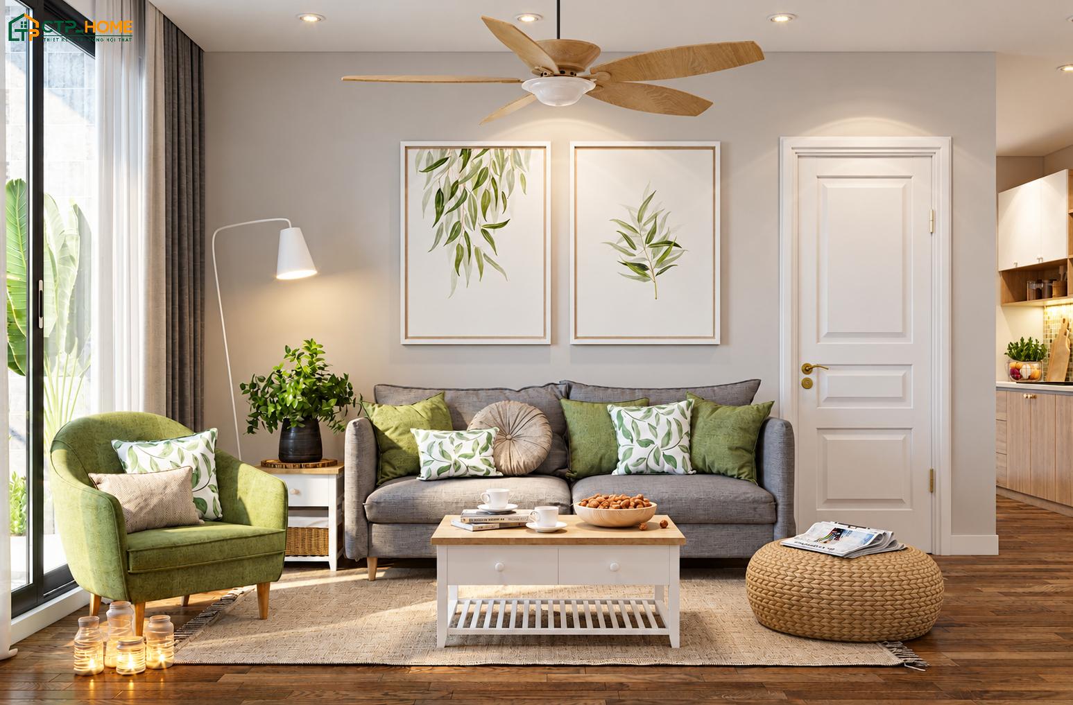 Mẫu thiết kế phòng khách 20m2 nhiệt đới kết hợp cây xanh và nội thất tự nhiên giúp mang đến không gian tươi mát