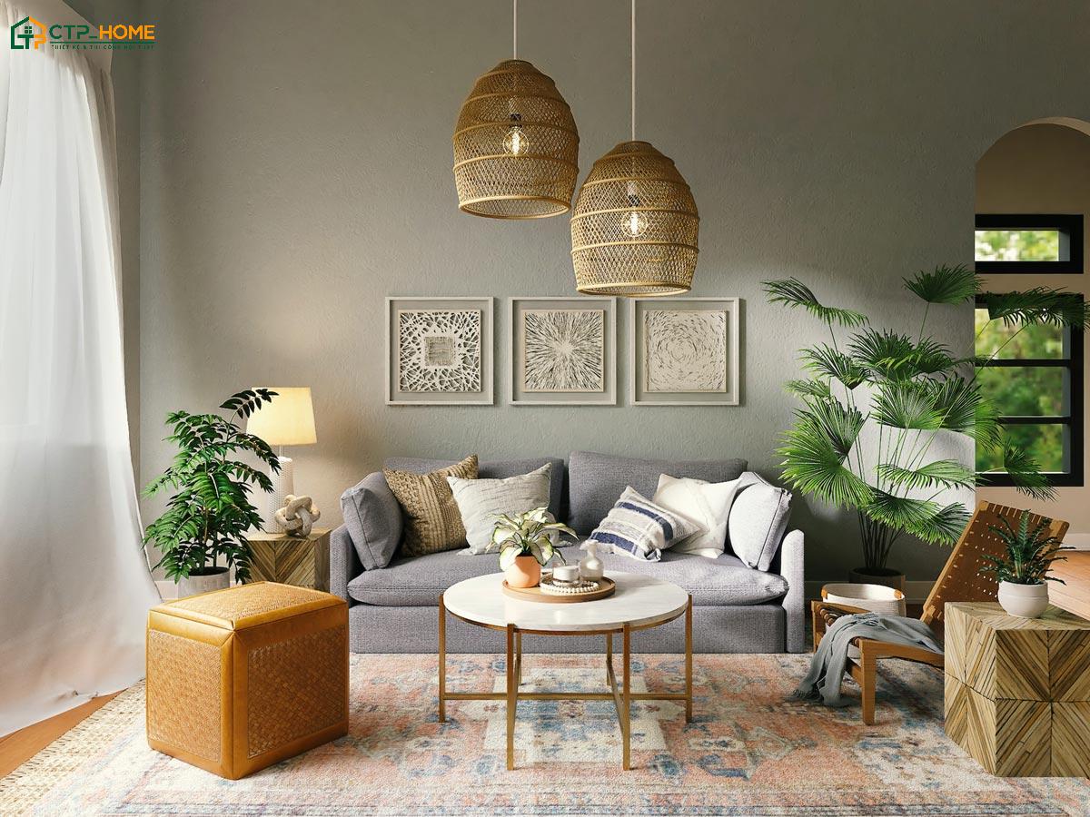 Mẫu thiết kế nội thất phòng khách 20m2 phong cách nhiệt đới thường sử dụng cây xanh để tạo điểm nhấn