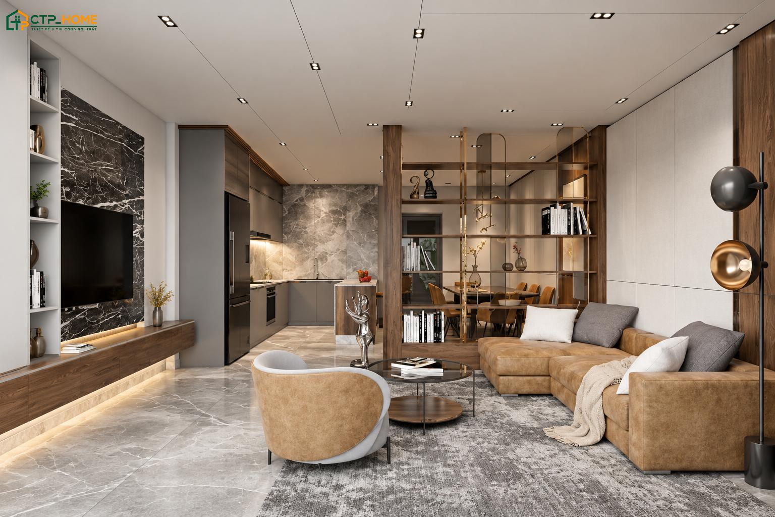 Thiết kế phòng khách 20m2 với vách ngăn giúp phân chia khu vực chức năng rõ ràng mà vẫn đảm bảo tính thẩm mỹ