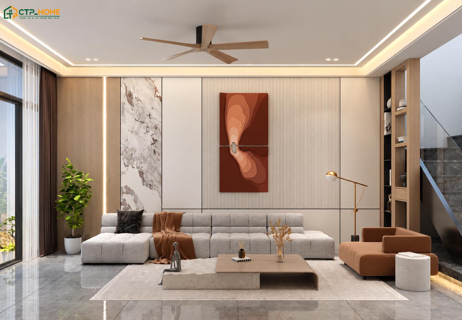 Sự kết hợp giữa màu sắc trung tính và chất liệu hiện đại sẽ giúp phòng khách 20m2 trở nên hài hòa hơn