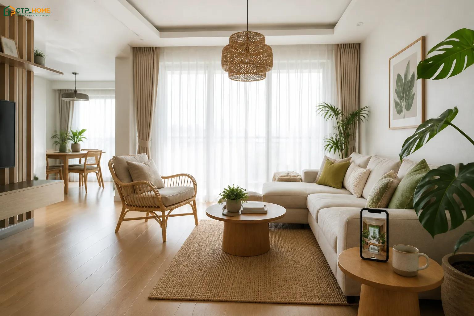 Bố trí cây xanh tại vị trí phù hợp giúp phòng khách 20m2 trở nên gần gũi hơn với thiên nhiên