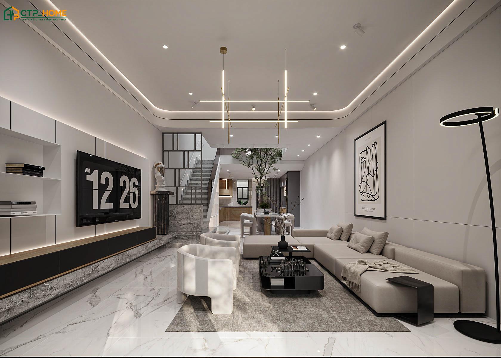Mẫu phòng khách 20m2 phong cách tối giản thường sử dụng các món đồ nội thất nhỏ gọn và đa năng