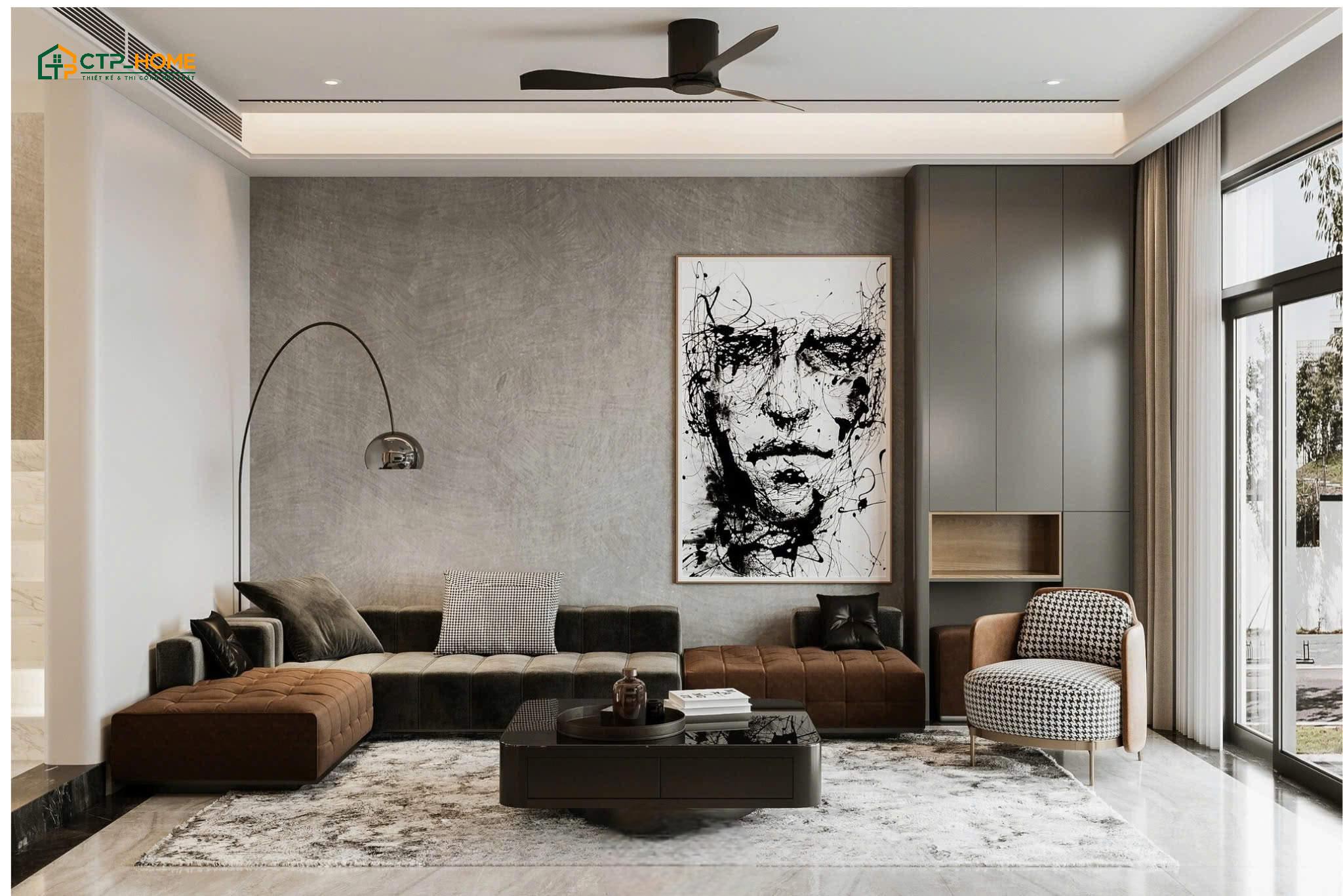 Mẫu thiết kế phòng khách 20m2 đẹp sang trọng thường ưu tiên lựa chọn sofa cao cấp và bàn trà mặt đá