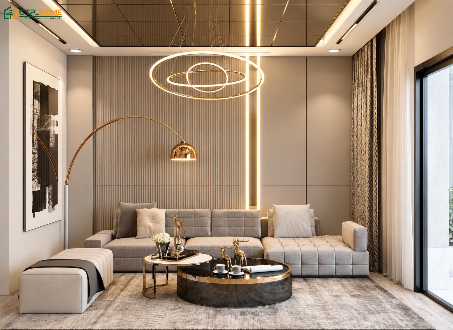 Mẫu thiết kế nội thất phòng khách 20m2 sang trọng sẽ sử dụng vách tivi ốp đá marble để tạo điểm nhấn