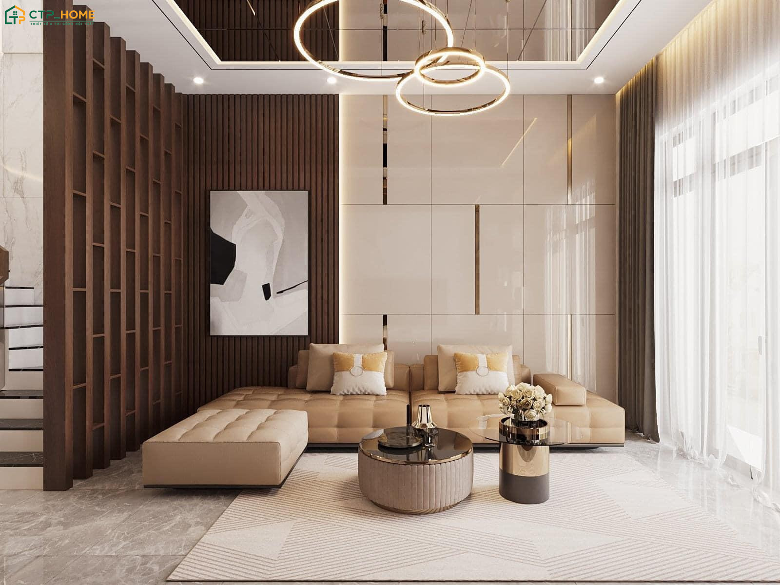 Mẫu decor phòng khách 25m2 hiện đại thường sử dụng bảng màu trung tính và vật liệu phổ biến