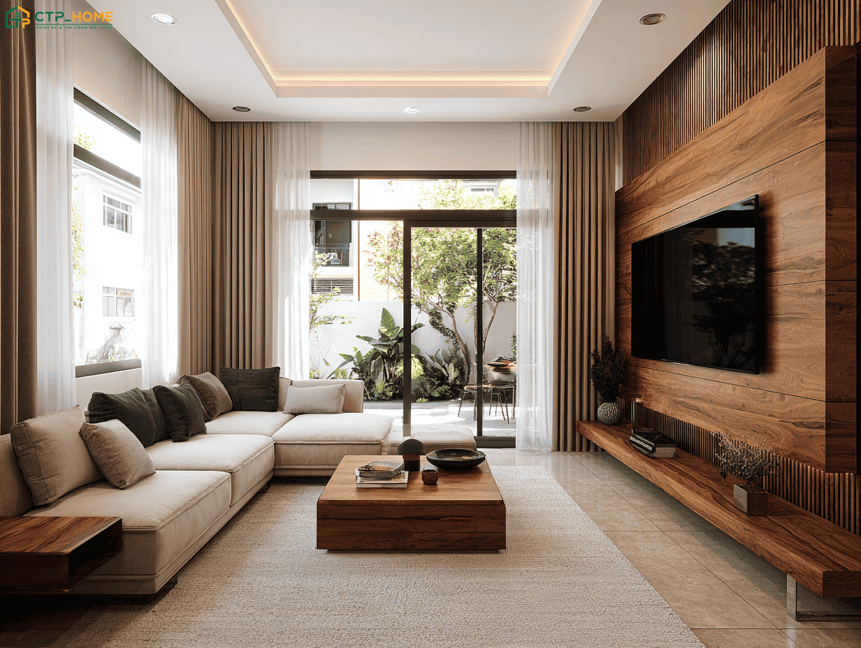 Mẫu thiết kế phòng khách 25m2 thanh lịch thường sử dụng gam màu be kết hợp với ánh sáng tự nhiên