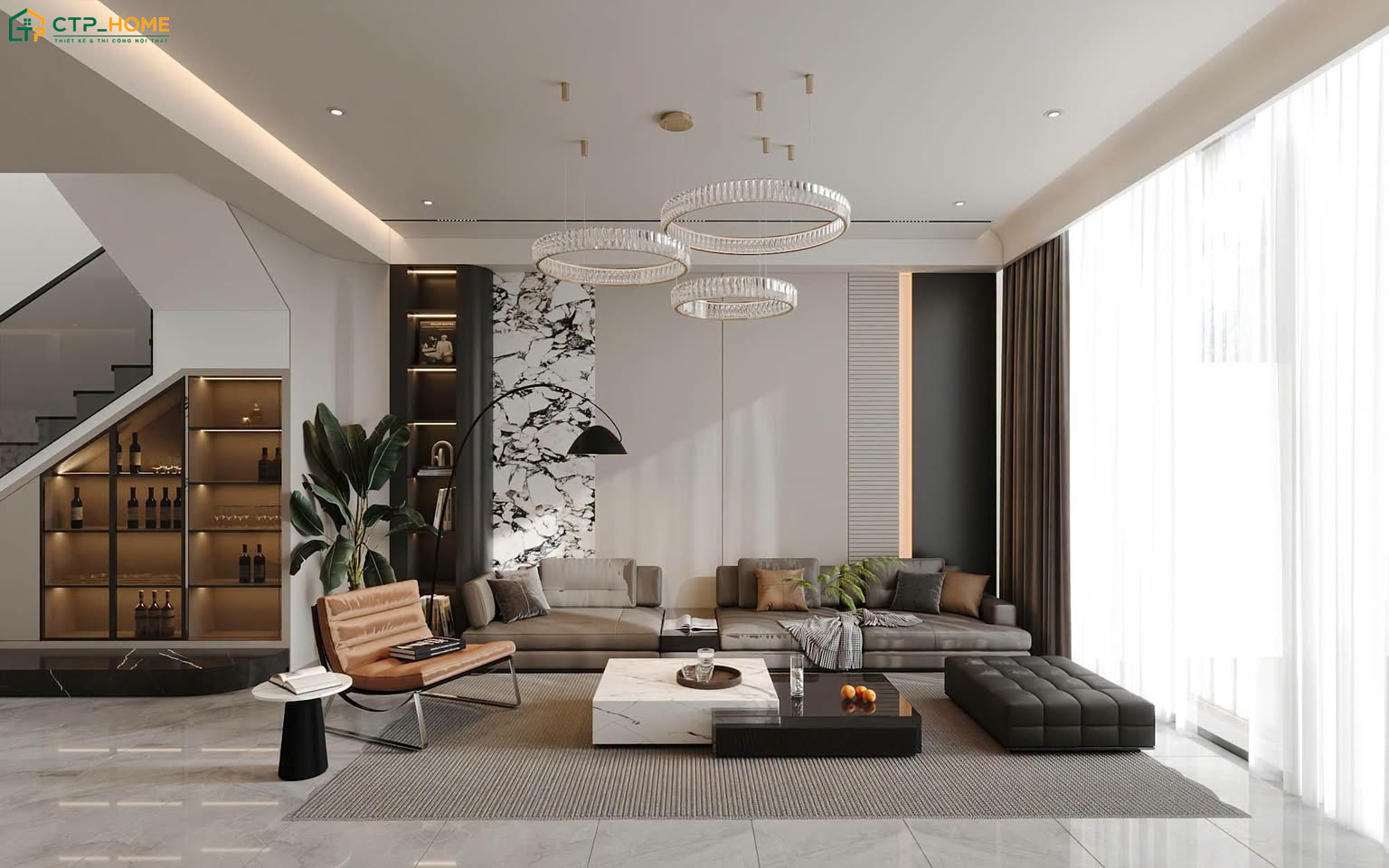 Mẫu thiết kế phòng khách 25m2 sử dụng tông màu ghi sáng làm chủ đạo sẽ mang lại vẻ ấn tượng