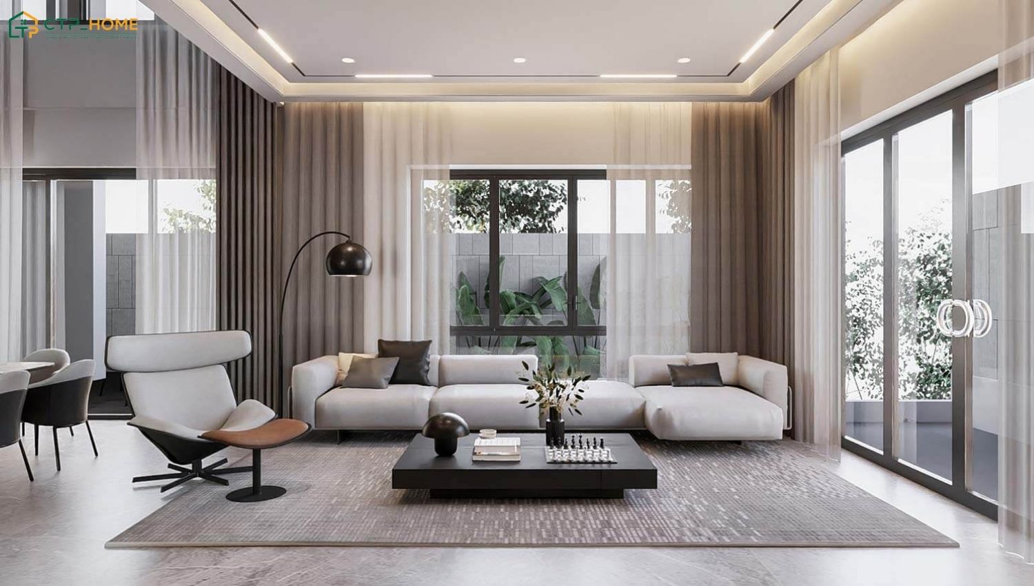 Mẫu thiết kế nội thất phòng khách 25m2 kết hợp tông màu ghi xám cùng nội thất gỗ để tăng sự ấm áp