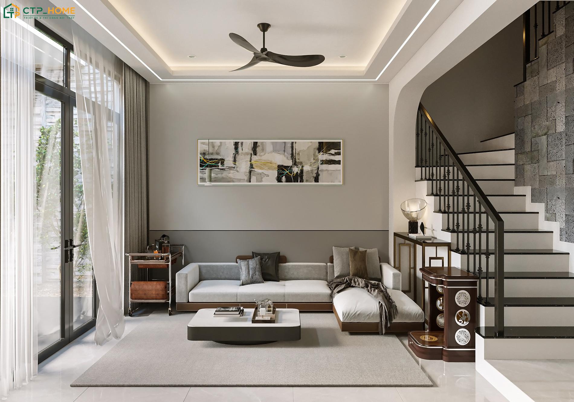 Mẫu phòng khách 25m2 với nội thất được bố trí cân đối giúp đảm bảo sự gọn gàng, thông thoáng