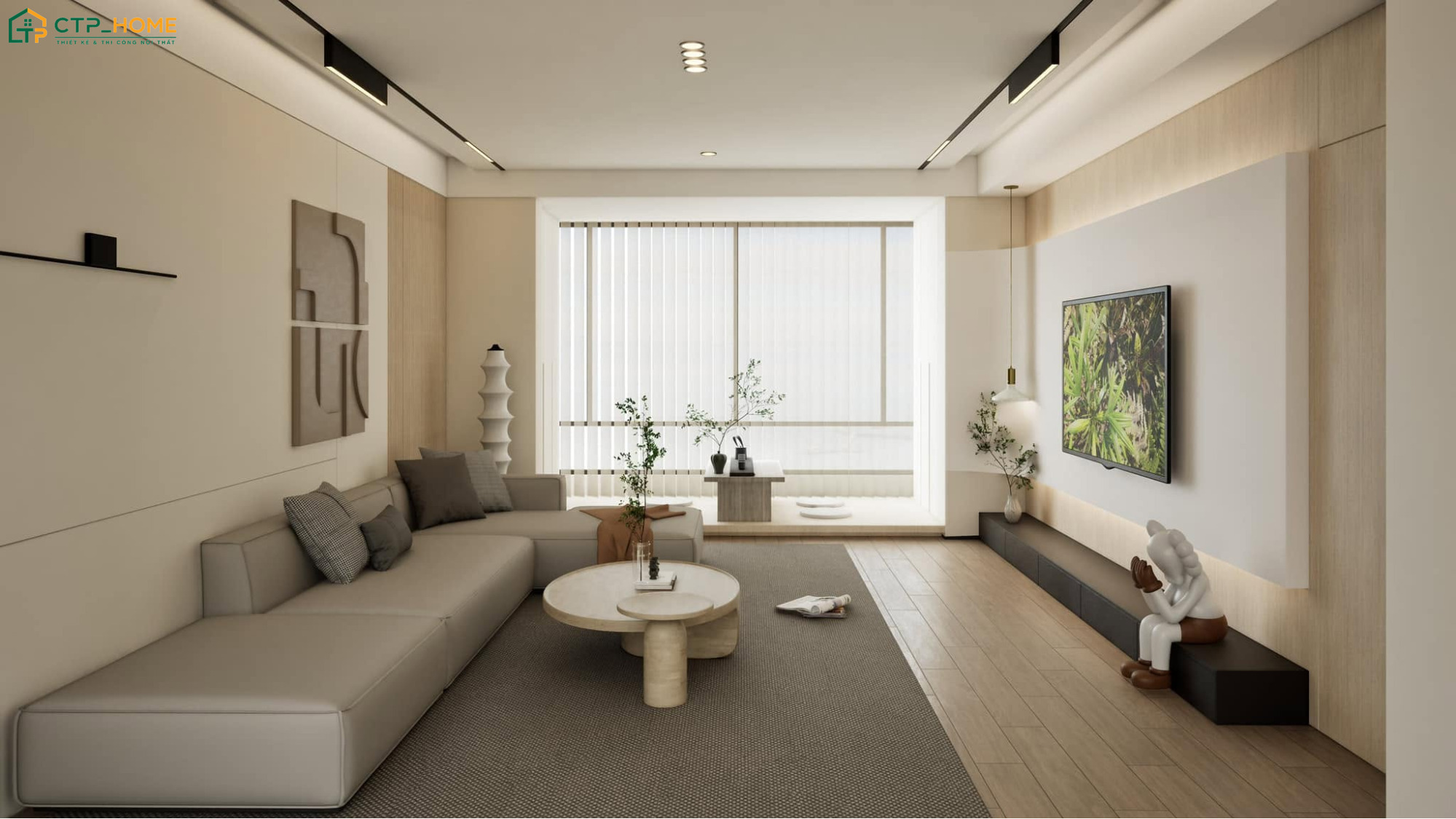 Mẫu trang trí phòng khách 25m2 trẻ trung sử dụng tranh treo tường và đồ decor nổi bật để tạo điểm nhấn