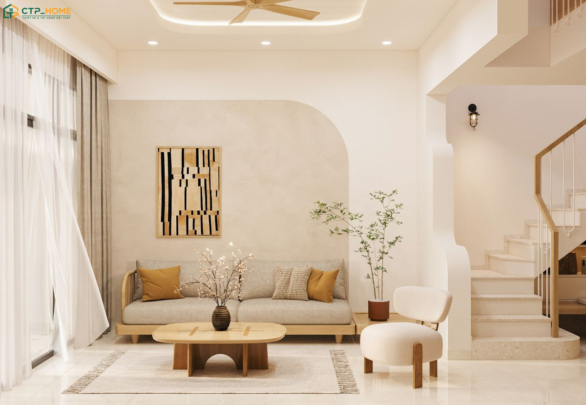 Mẫu thiết kế nội thất phòng khách 25m2 cho nhà phố sẽ bố trí nội thất gọn gàng để đảm bảo sự thông thoáng