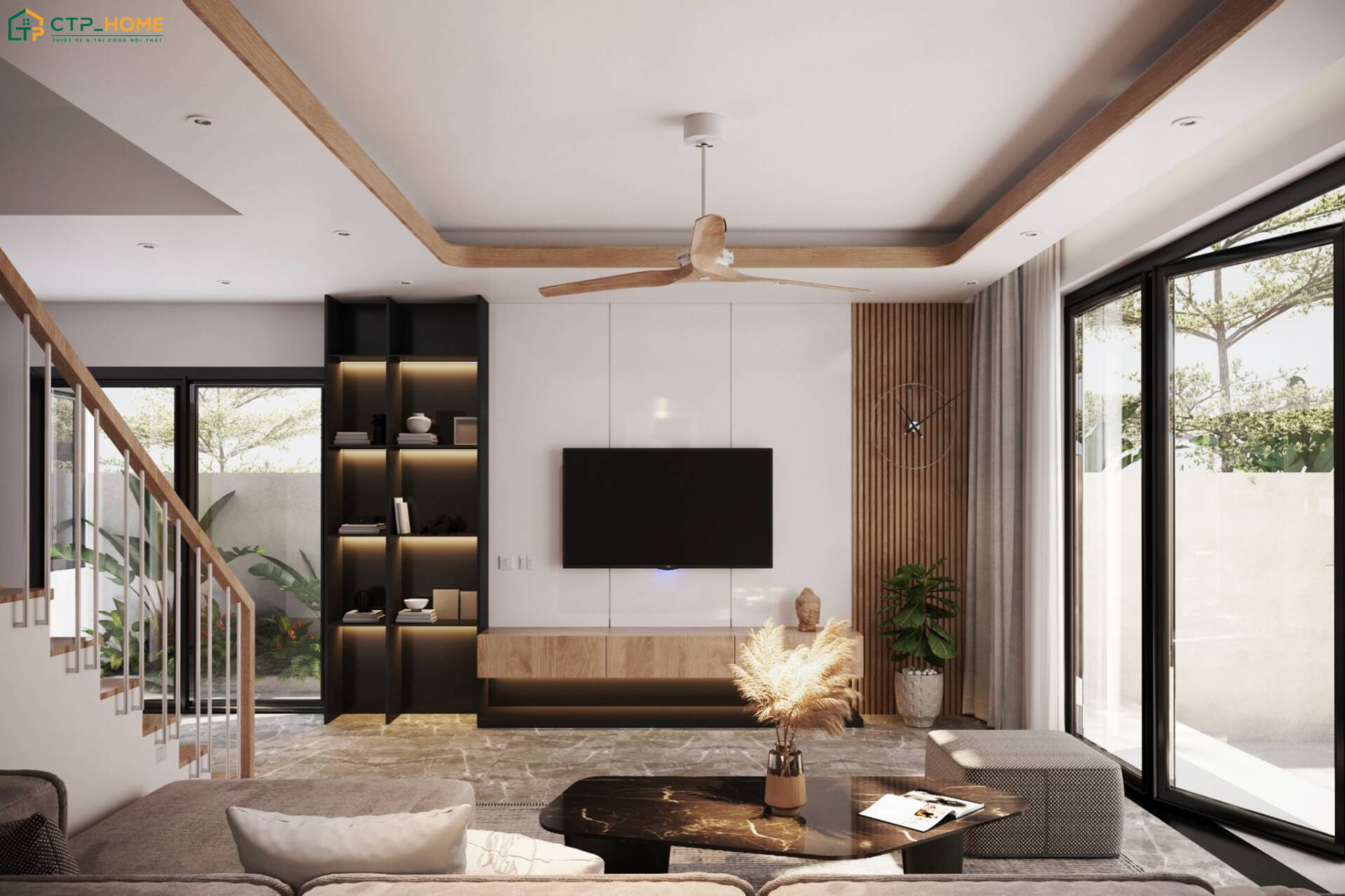Mẫu thiết kế phòng khách 25m2 cho nhà phố thường tận dụng tối đa nguồn ánh sáng tự nhiên thông qua cửa sổ