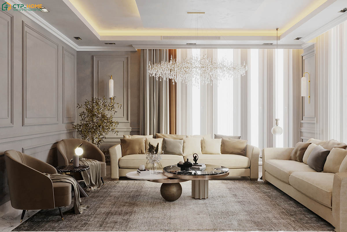 Mẫu thiết kế nội thất phòng khách 25m2 sang trọng gây ấn tượng với các chi tiết trang trí cao cấp