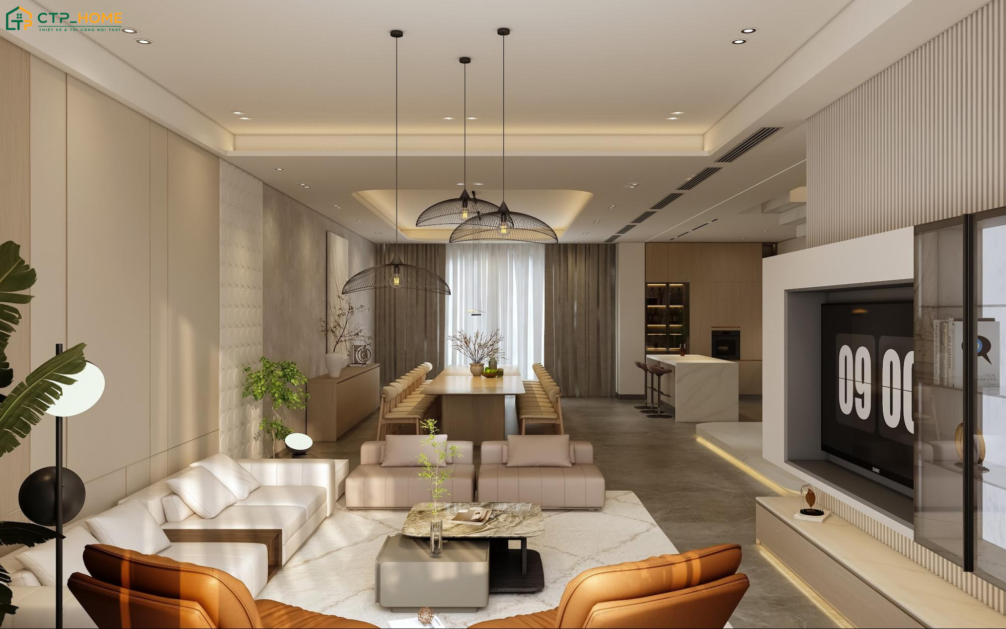 Thiết kế nội thất phòng khách 25m2 theo xu hướng mở sẽ kết nối hài hòa với khu vực bếp và bàn ăn