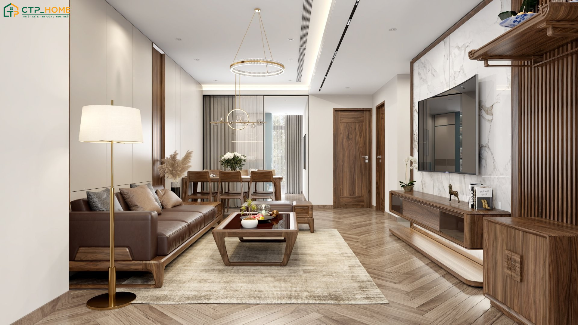 Nội thất phòng khách được bố trí gọn gàng giúp tạo sự kết nối liền mạch giữa các khu vực chức năng