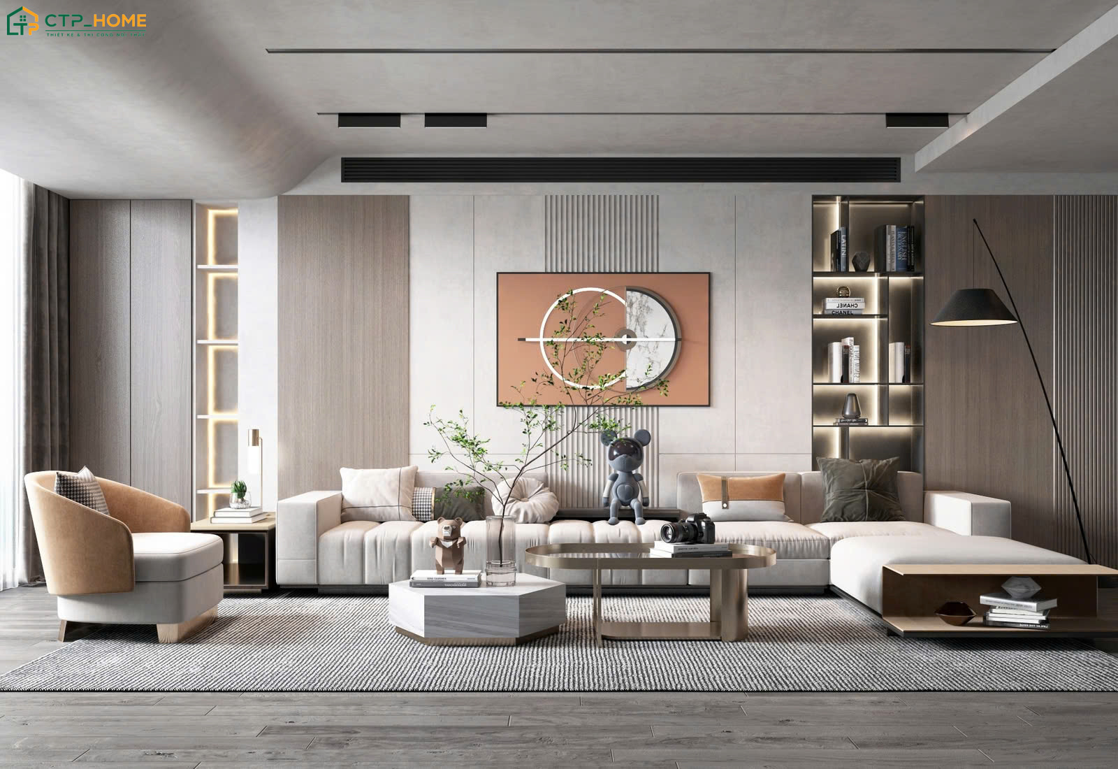 Mẫu thiết kế phòng khách 25m2 Luxury thường ưu tiên chất liệu cao cấp và gam màu trung tính