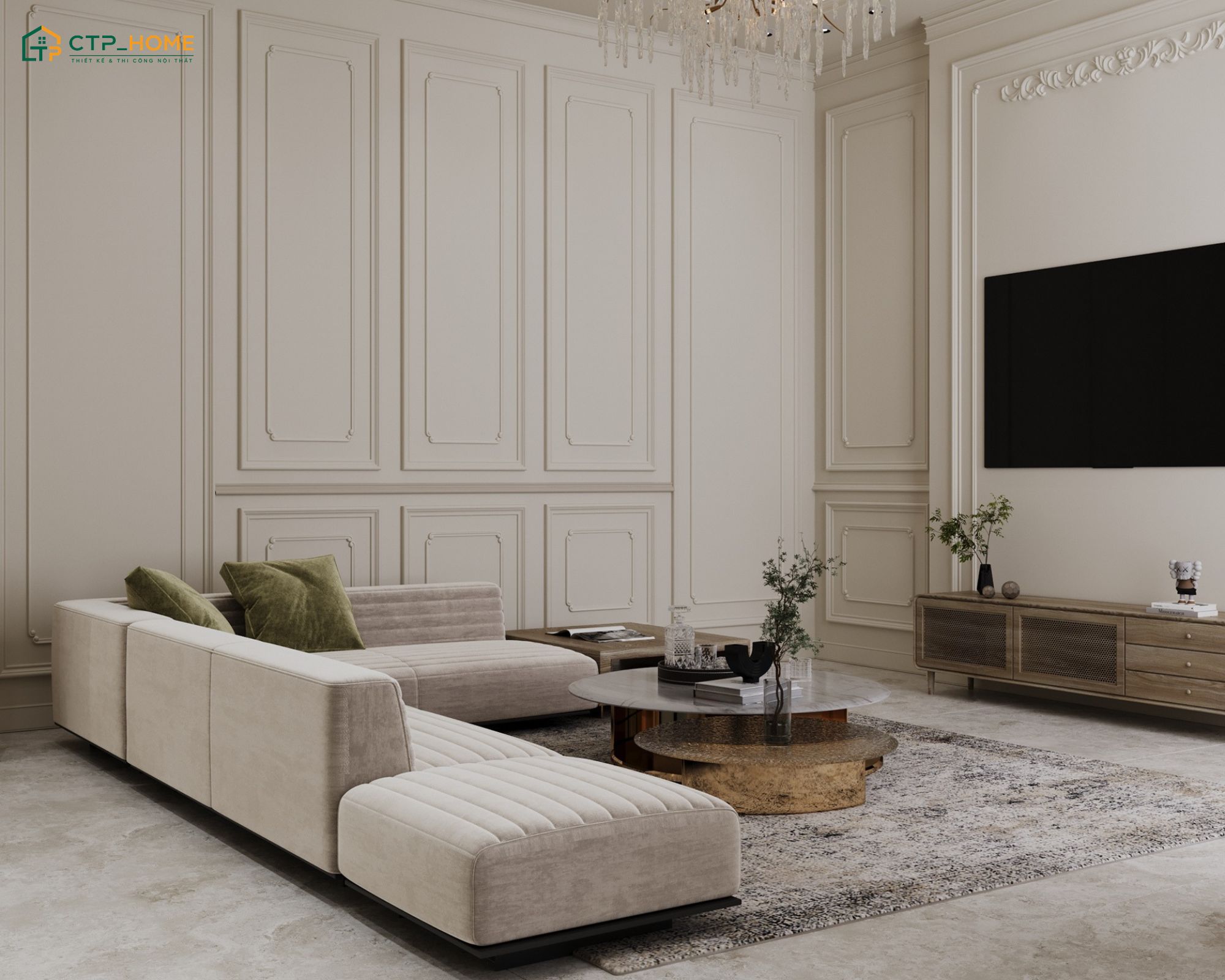 Mẫu thiết kế nội thất phòng khách 30m2 tân cổ điển gây ấn tượng bởi các chi tiết phào chỉ được tiết chế vừa phải