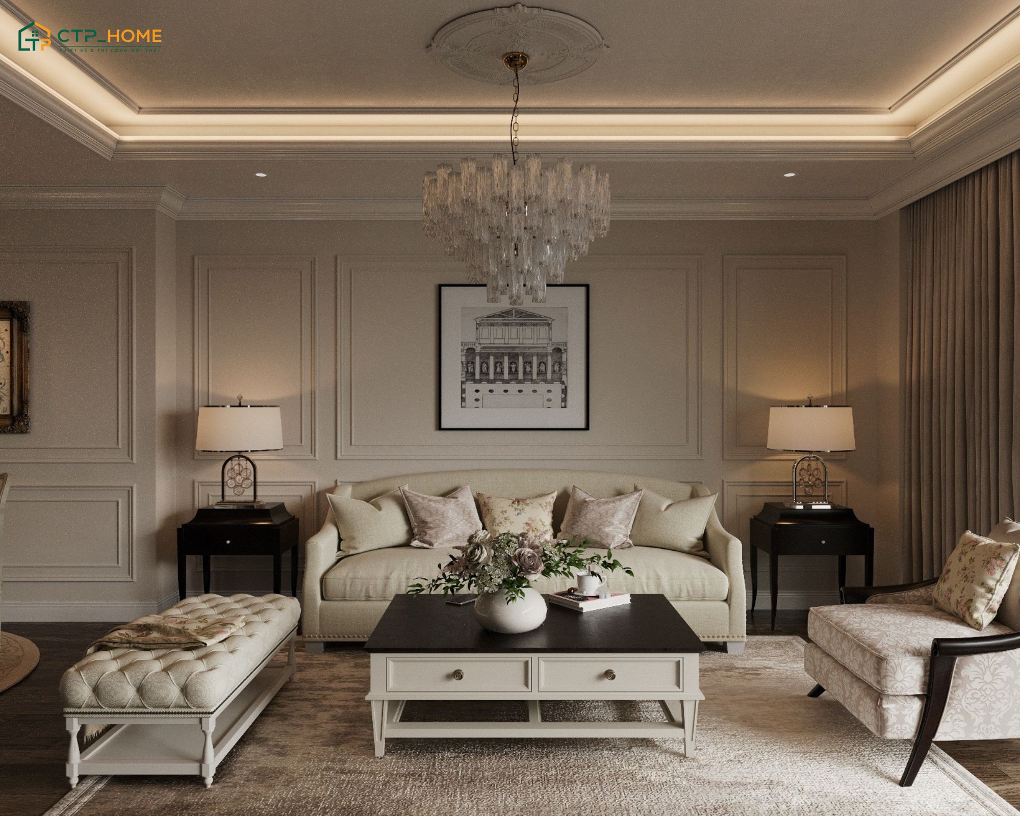 Mẫu trang trí phòng khách 30m2 tân cổ điển sẽ ưu tiên các món đồ nội thất có độ bền cao và giá trị thẩm mỹ lâu dài