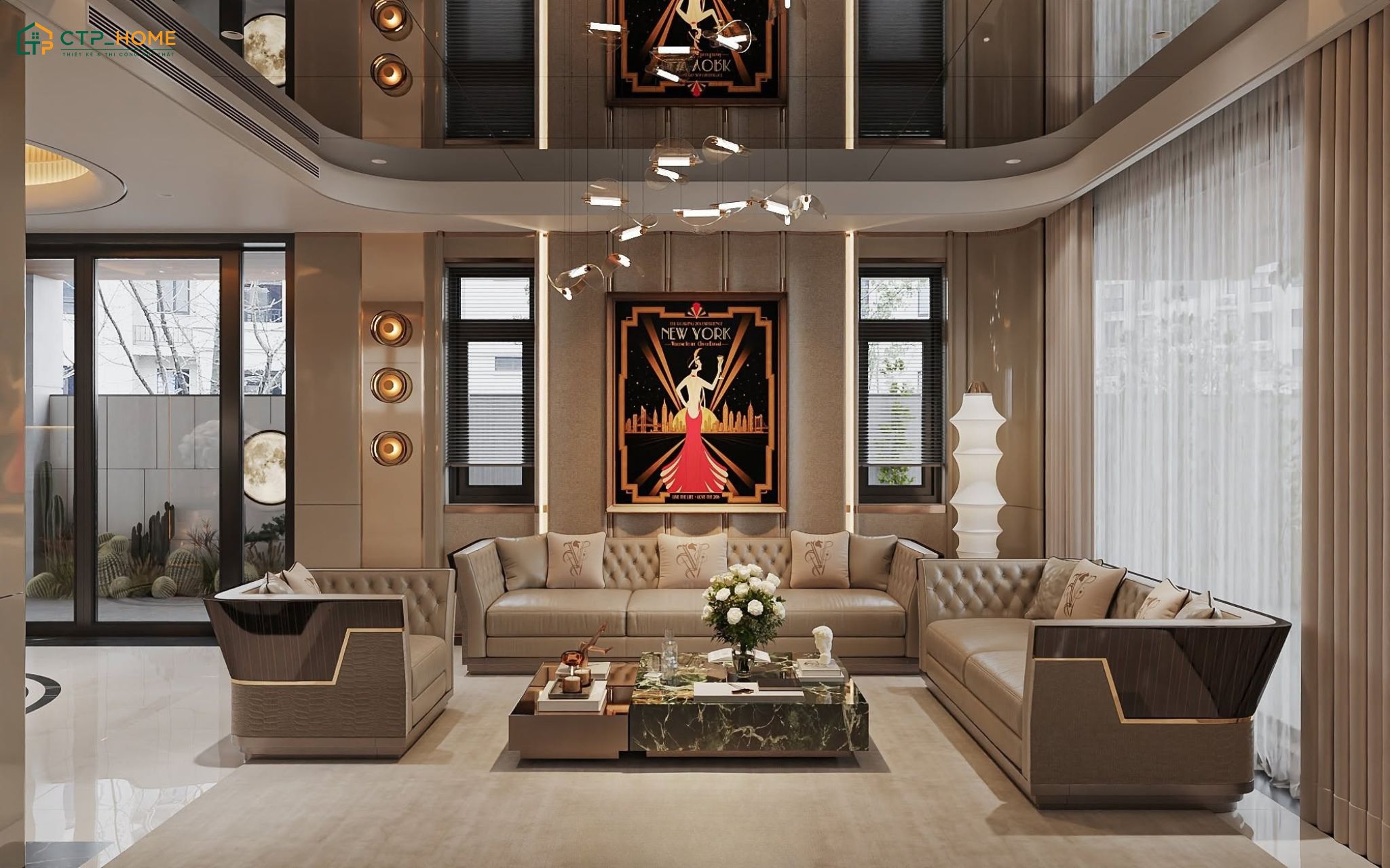 Mẫu thiết kế nội thất phòng khách 30m2 Luxury sử dụng nội thất và chi tiết trang trí theo gu thẩm mỹ của chủ nhà