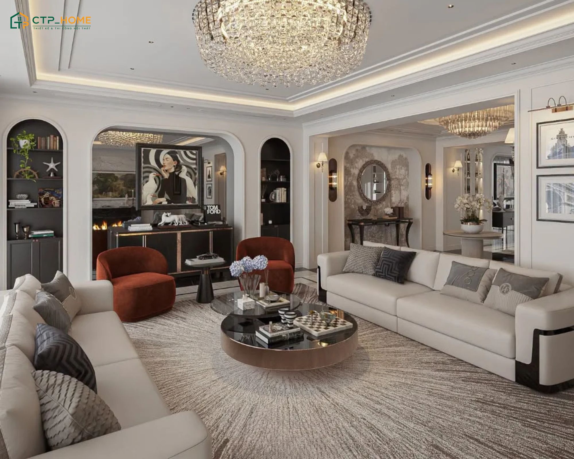 Mẫu thiết kế phòng khách 30m2 phong cách Luxury với cách phối màu trung tính kết hợp màu tương phản sáng tạo