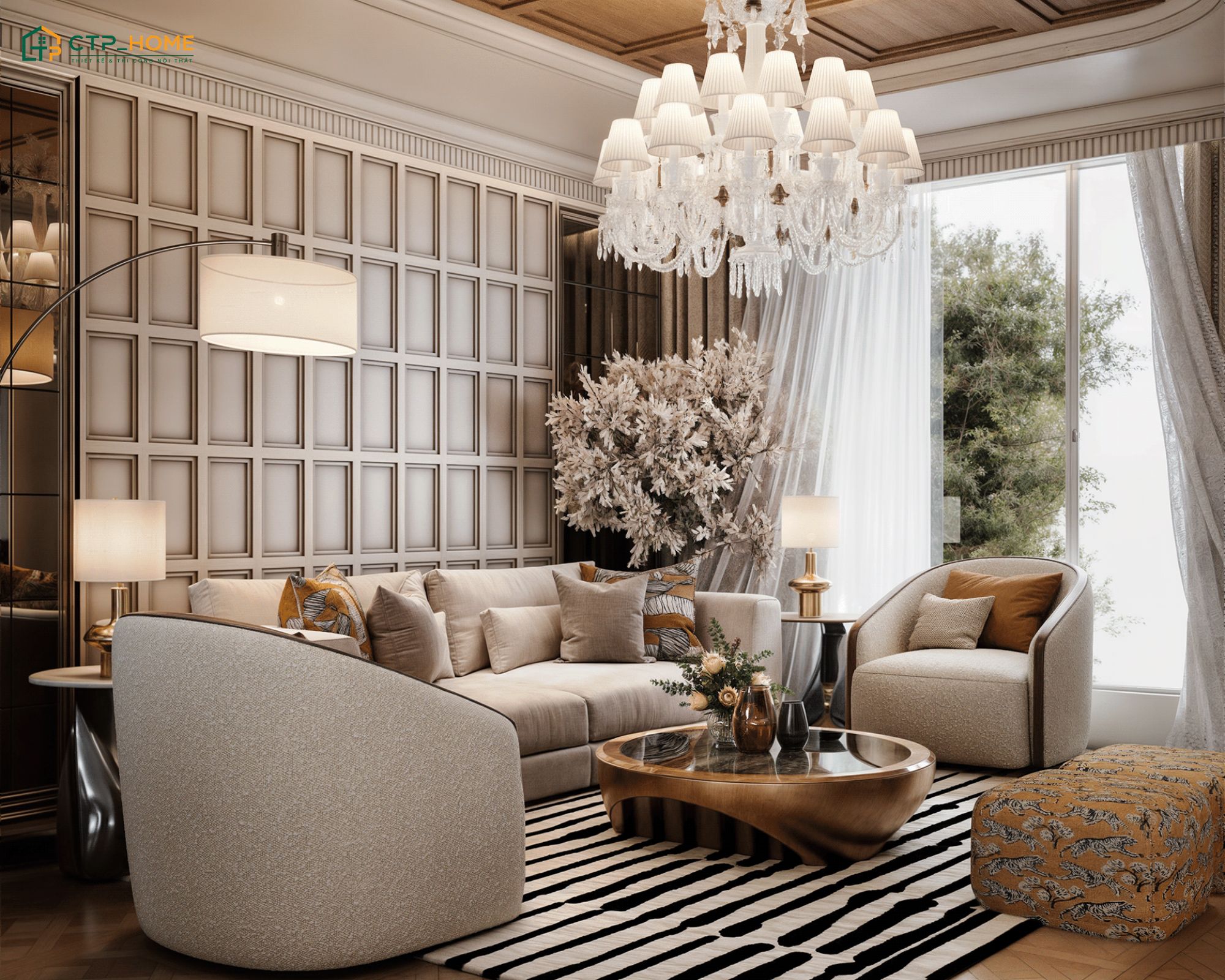 Mẫu phòng khách 30m2 phong cách sang trọng sẽ tập chung vào các chi tiết trang trí độc bản để tạo điểm nhấn