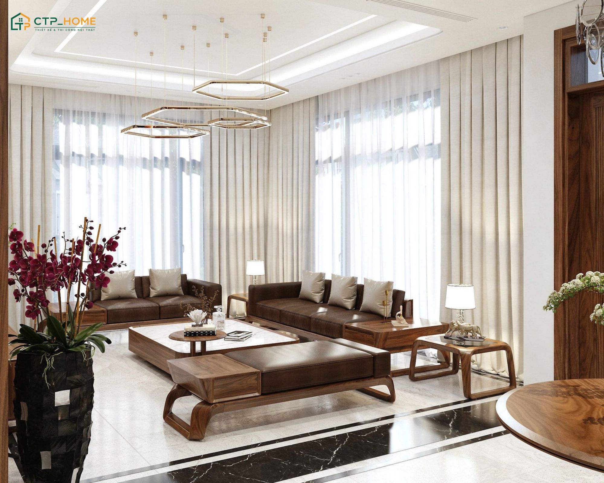 Mẫu thiết kế nội thất phòng khách 30m2 bằng gỗ óc chó có độ bền cao và hệ vân gỗ tự nhiên độc đáo