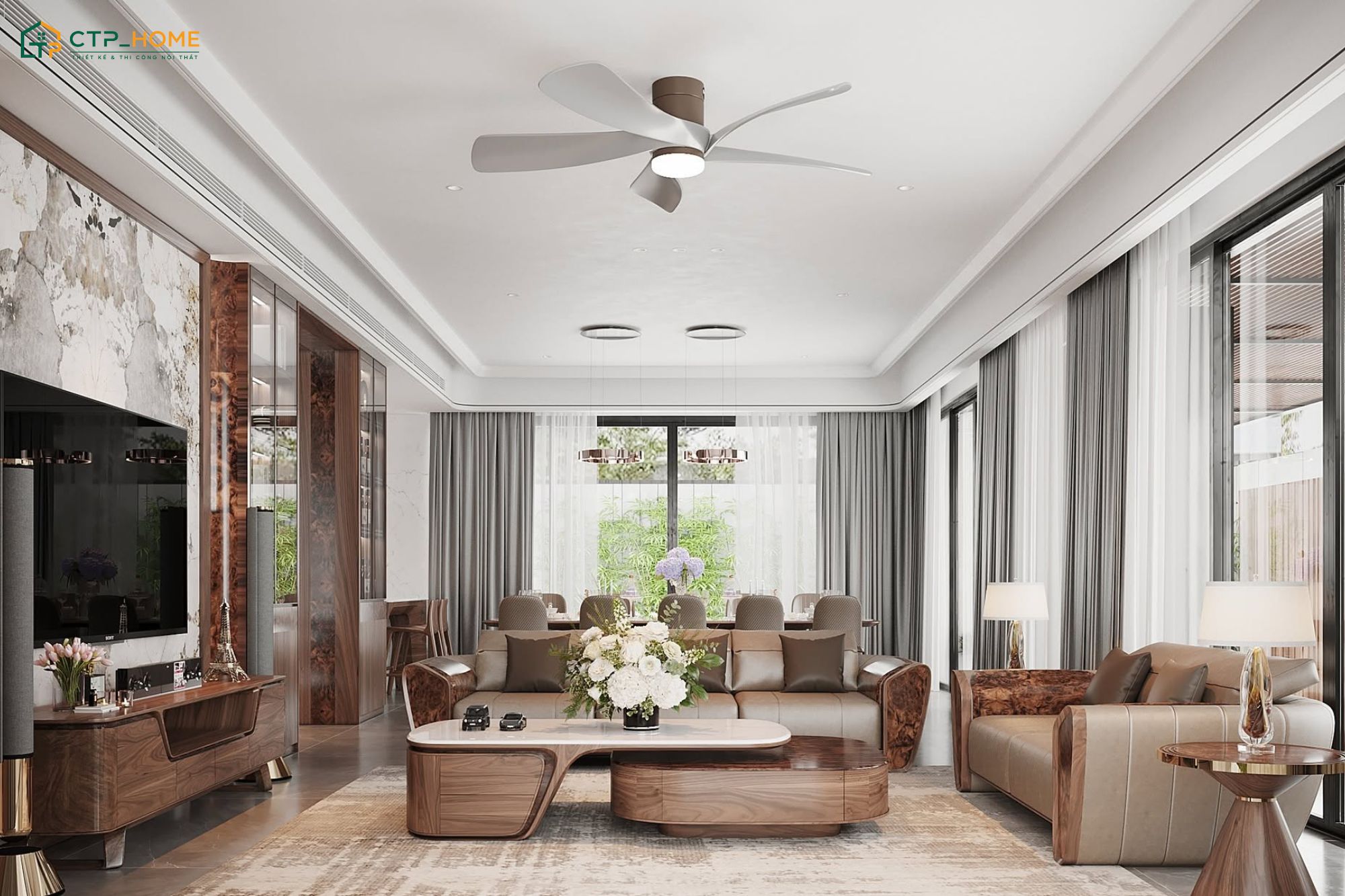 Mẫu thiết kế phòng khách 30m2 bằng gỗ óc chó với sắc nâu trầm ấm sẽ đem lại cảm giác gần gũi
