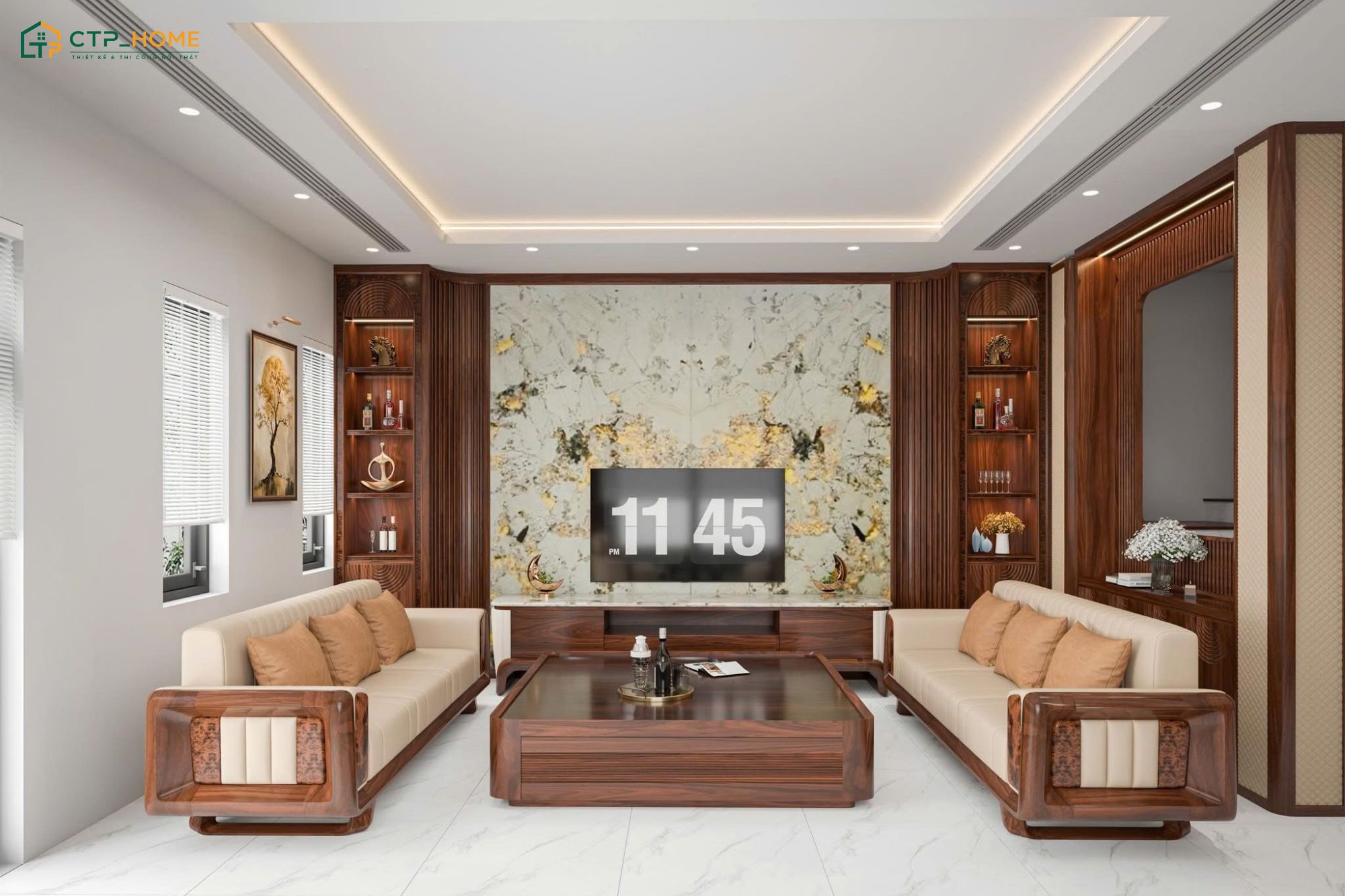 Mẫu phòng khách 30m2 sử dụng nội thất gỗ óc chó sẽ đem lại một không gian sang trọng và ấn tượng