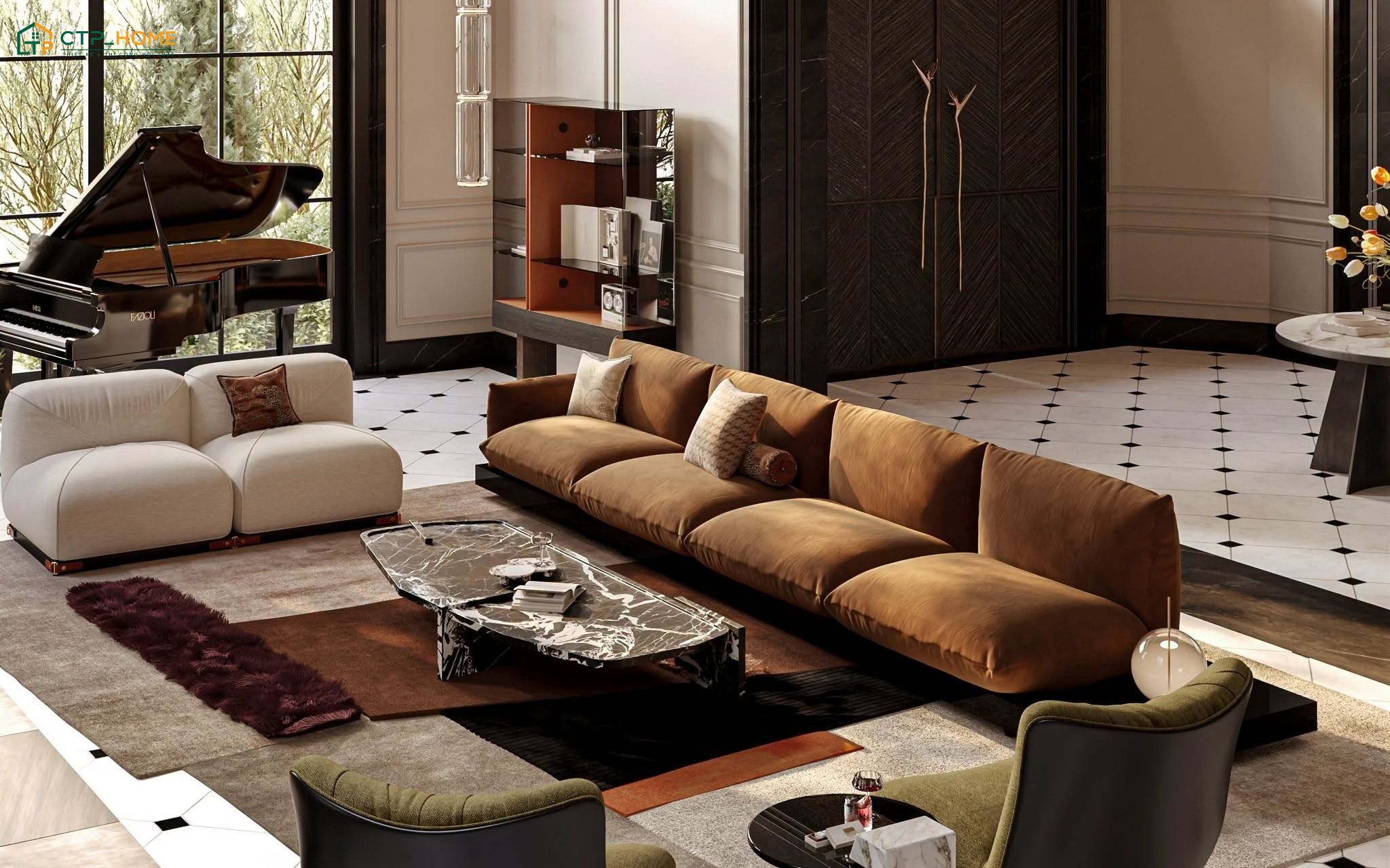 Mẫu phòng khách 30m2 phong cách tối giản với cách phối màu đa dạng nhưng vẫn đảm bảo được sự hài hòa
