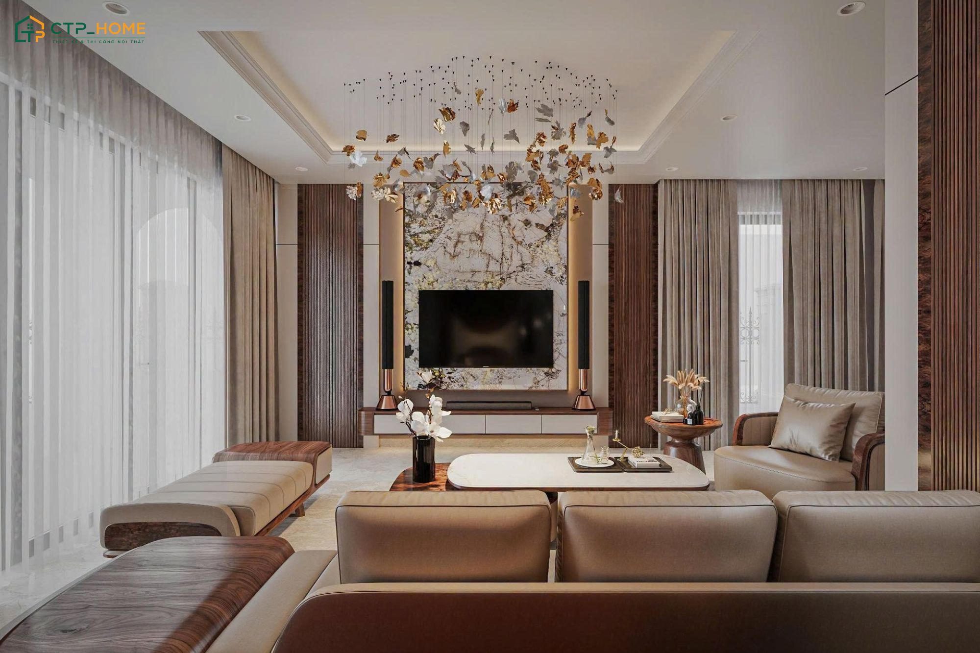 Mẫu thiết kế phòng khách 30m2 hiện đại sẽ sử dụng các món đồ decor kiểu dáng đơn giản để tạo điểm nhấn