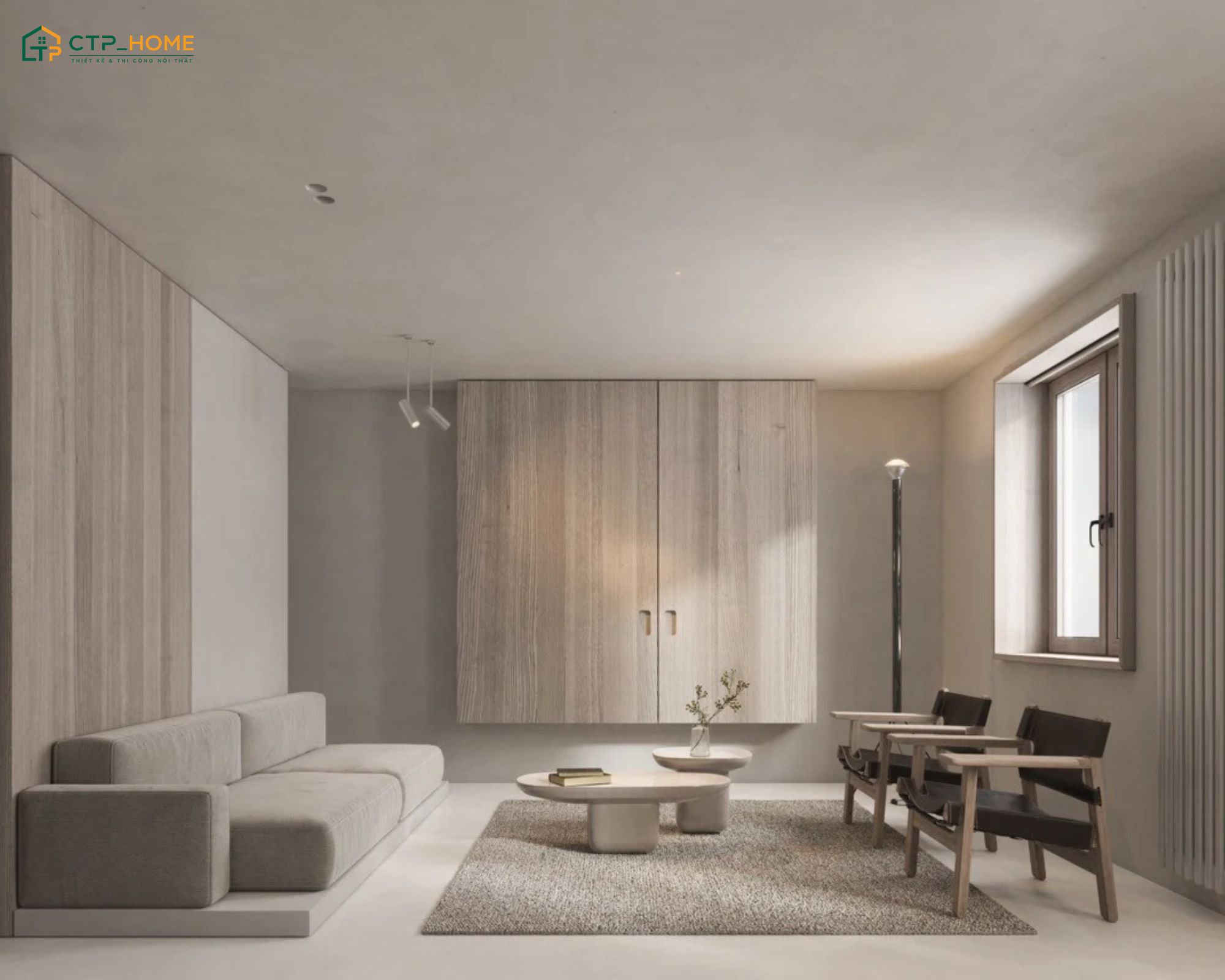 Mẫu thiết kế phòng khách 30m2 phong cách tối giản sẽ ưu tiên nội thất gọn gàng nhưng vẫn đảm bảo sự tiện nghi