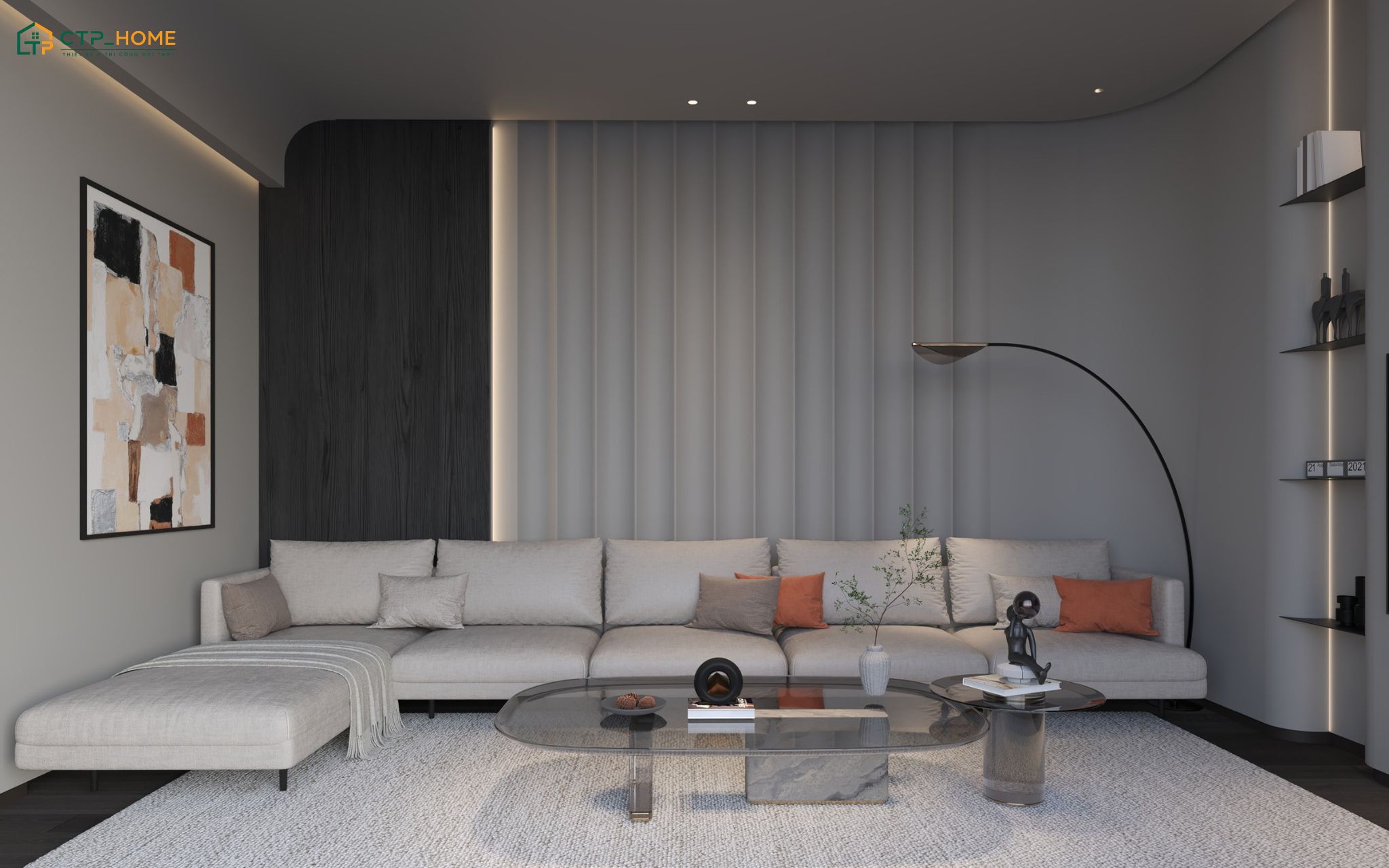 Mẫu phòng khách 30m2 phong cách tối giản thường sử dụng tranh treo tường để tạo điểm nhấn cho không gian