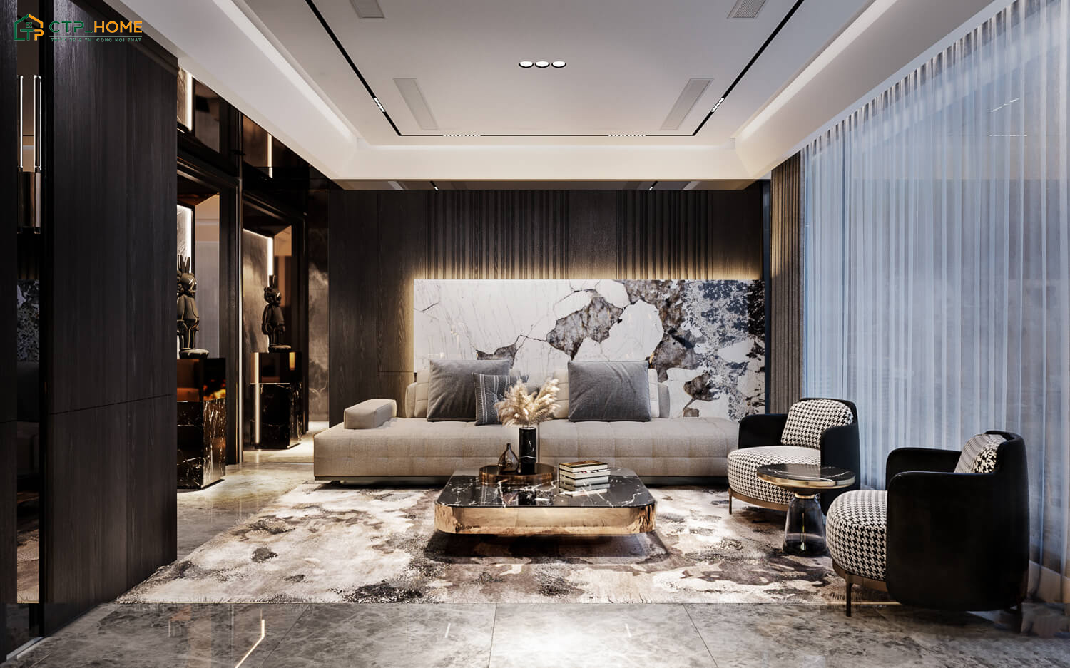 Bố trí hệ thống đèn điện nhiều lớp giúp phòng khách 40m2 Luxury trở nên gần gũi và ấm cúng