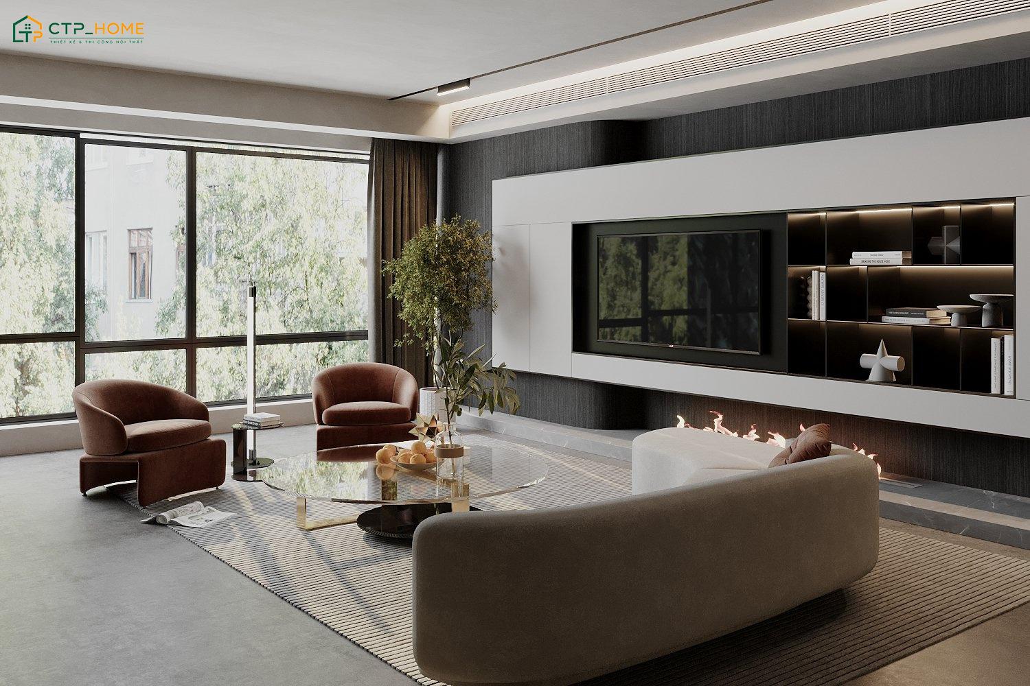 Mẫu thiết kế phòng khách 40m2 tối giản sẽ chỉ sử dụng đồ nội thất cần thiết và có kích thước nhỏ gọn