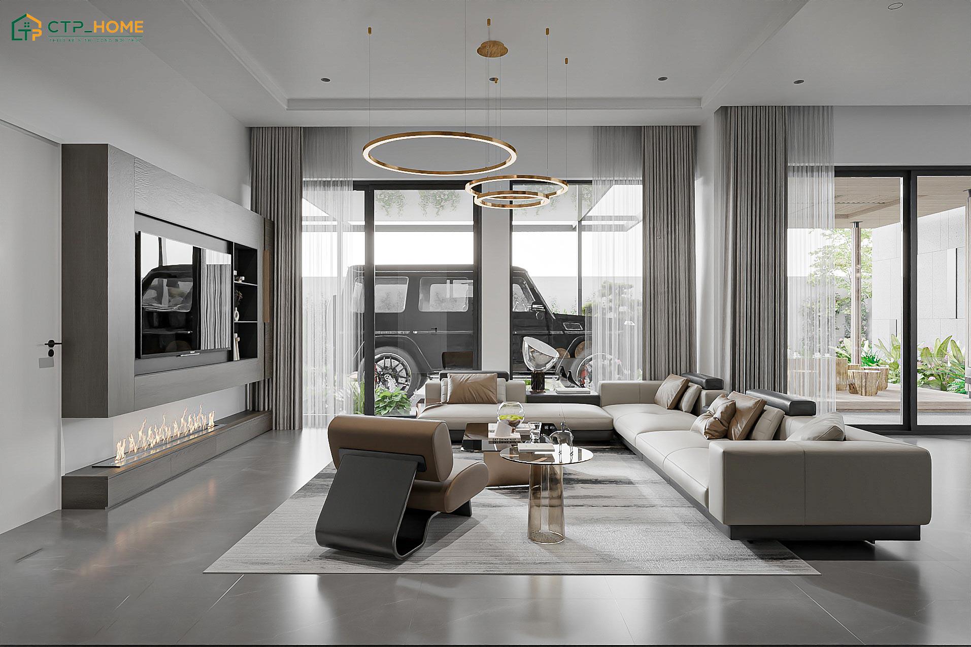 Mẫu phòng khách 40m2 tối giản phù hợp với tone màu trung tính khi mang đến cảm giác nhẹ nhàng
