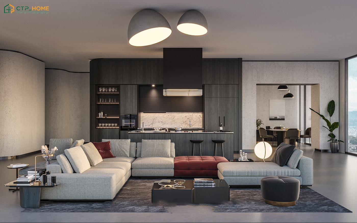 Mẫu decor phòng khách 40m2 hiện đại sẽ ưu tiên các chất liệu có độ bền cao như gỗ, kính, đá