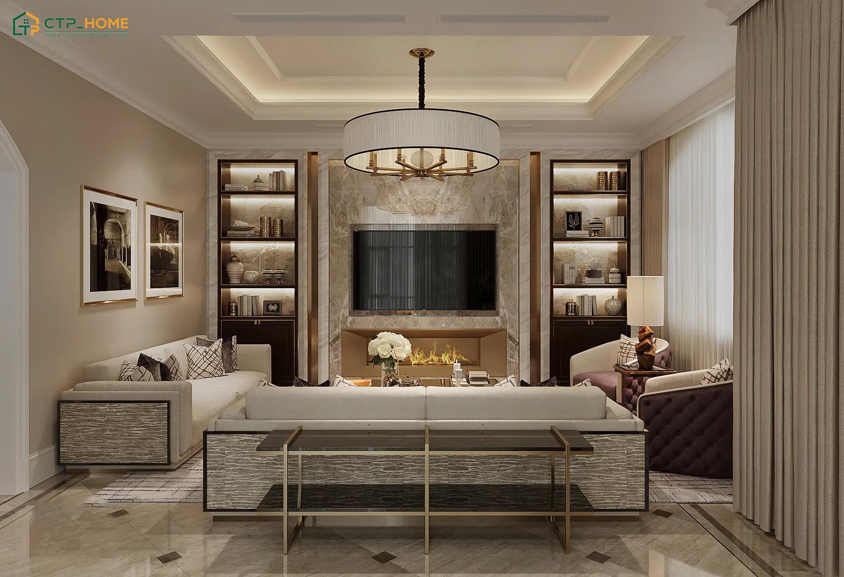 Mẫu thiết kế nội thất phòng khách 40m2 thường ưu tiên các chất liệu cao cấp như gỗ, vải mềm, da PU