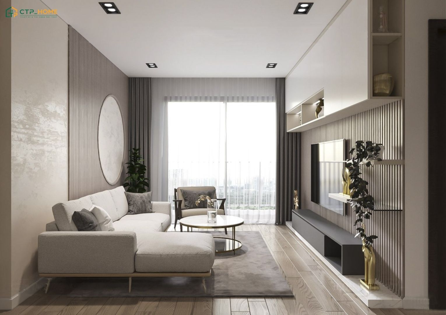 Mẫu thiết kế nội thất phòng khách 10m2 hiện đại với sự kết hợp giữa sofa màu xám và hệ phào chỉ thanh mảnh