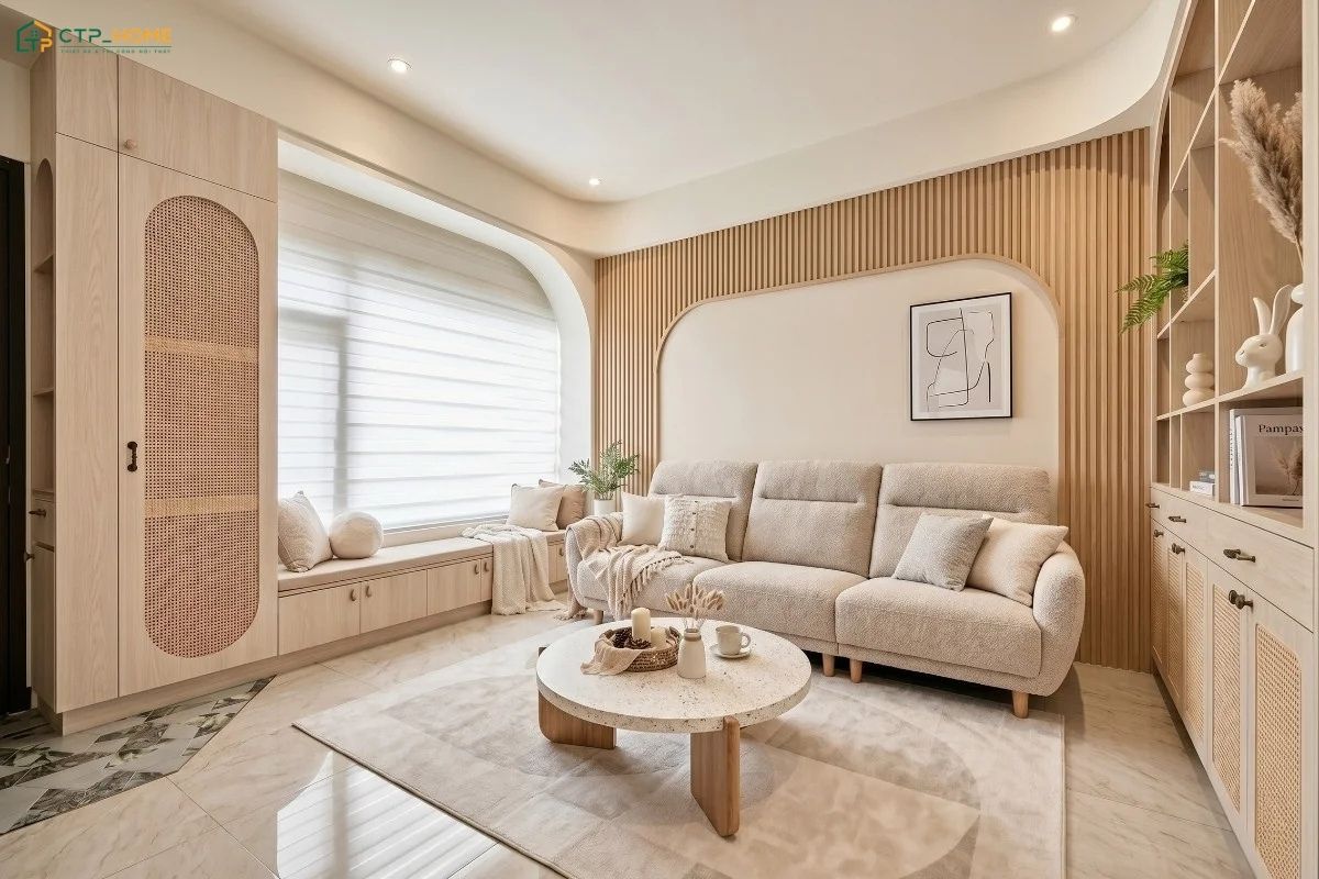 Mẫu thiết kế phòng khách nhỏ 10m2 tối giản thường bố trí hệ cửa số lớn để tận dụng tối đa ánh sáng tự nhiên