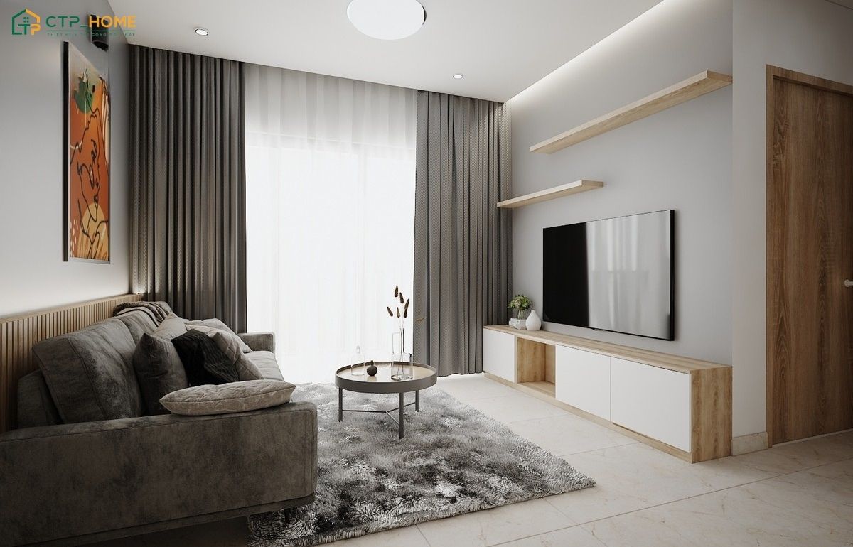 Mẫu trang trí phòng khách 10m2 đơn giản sẽ tập chung vào các món nội thất cơ bản như bàn trà, kệ tivi và sofa