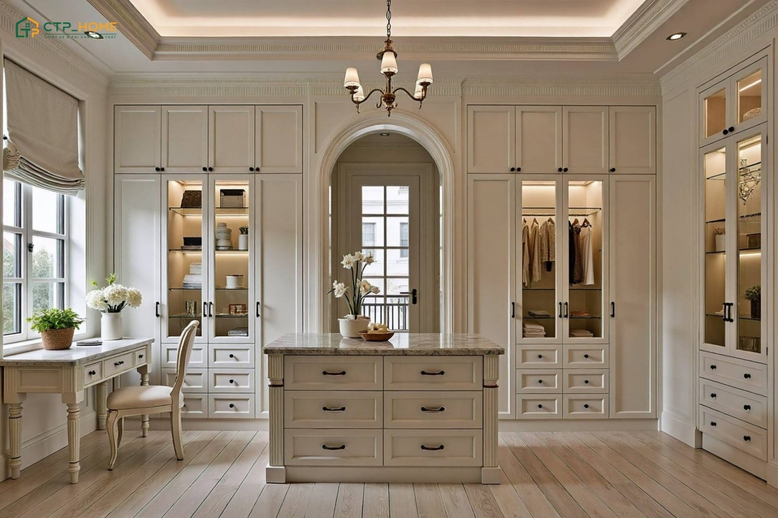 Mẫu thiết kế phòng thay đồ phong cách tân cổ điển thường sử dụng bản đạo phụ kiện để tạo điểm nhấn