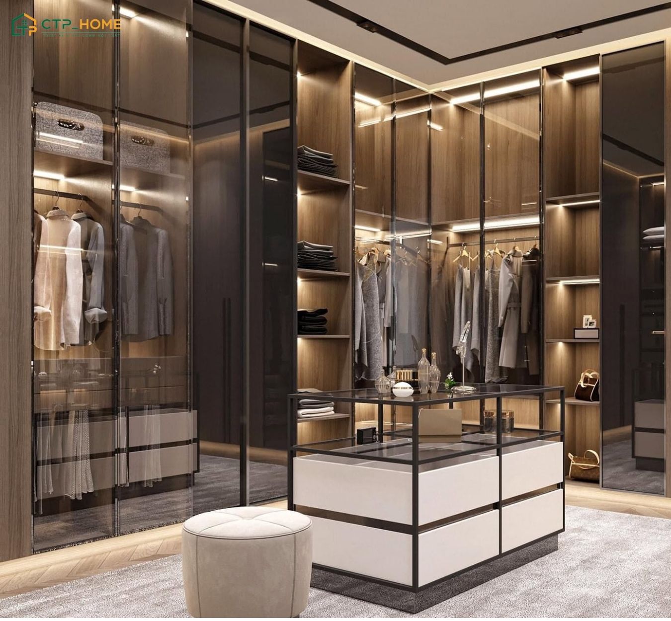 Mẫu thiết kế nội thất phòng thay đồ đơn giản gây ấn tượng bởi đường nét tinh gọn và bảng màu hài hòa