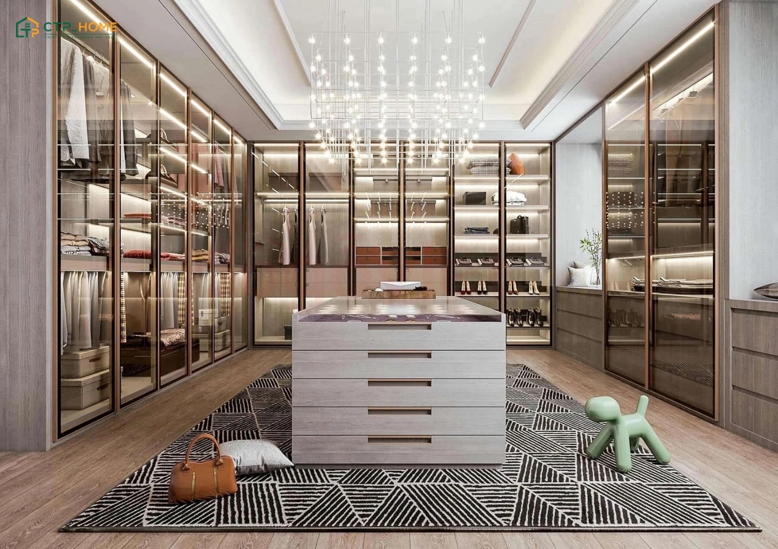 Phong cách Luxury sẽ sử dụng hệ đèn chùm lộng lẫy để tôn lên vẻ đẹp xa hoa và đẳng cấp của phòng thay đồ