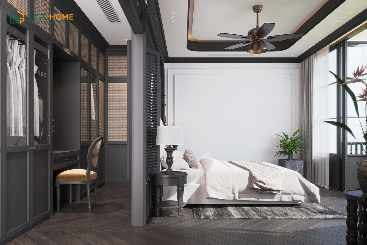 Mẫu thiết kế phòng thay đồ truyền thống nổi bật với hệ tủ vân gỗ tự nhiên giúp tạo cảm giác gần gũi