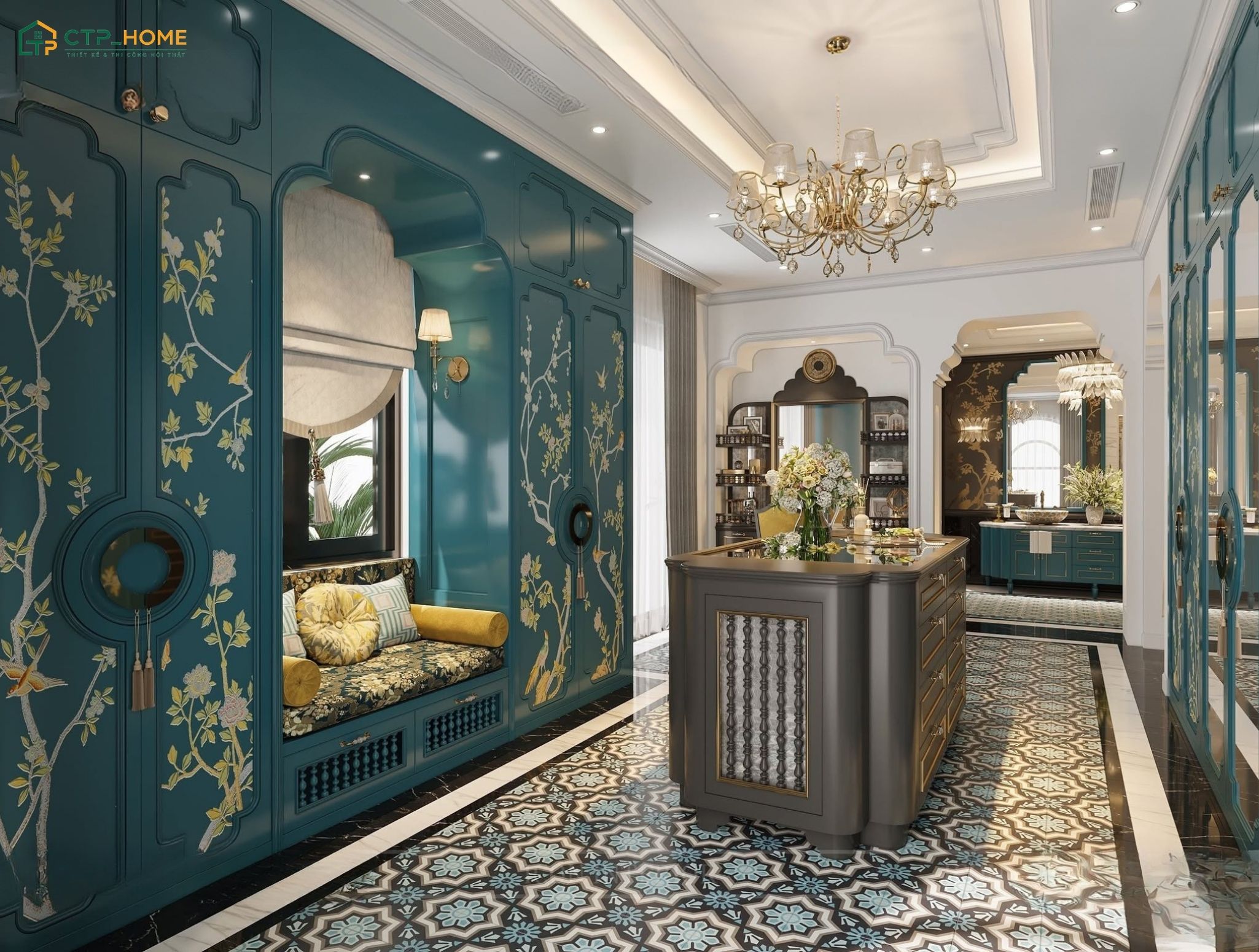 Mẫu thiết kế nội thất phòng thay đồ Indochine gây ấn tượng với những họa tiết kỷ hà và hoa lá đặc trưng