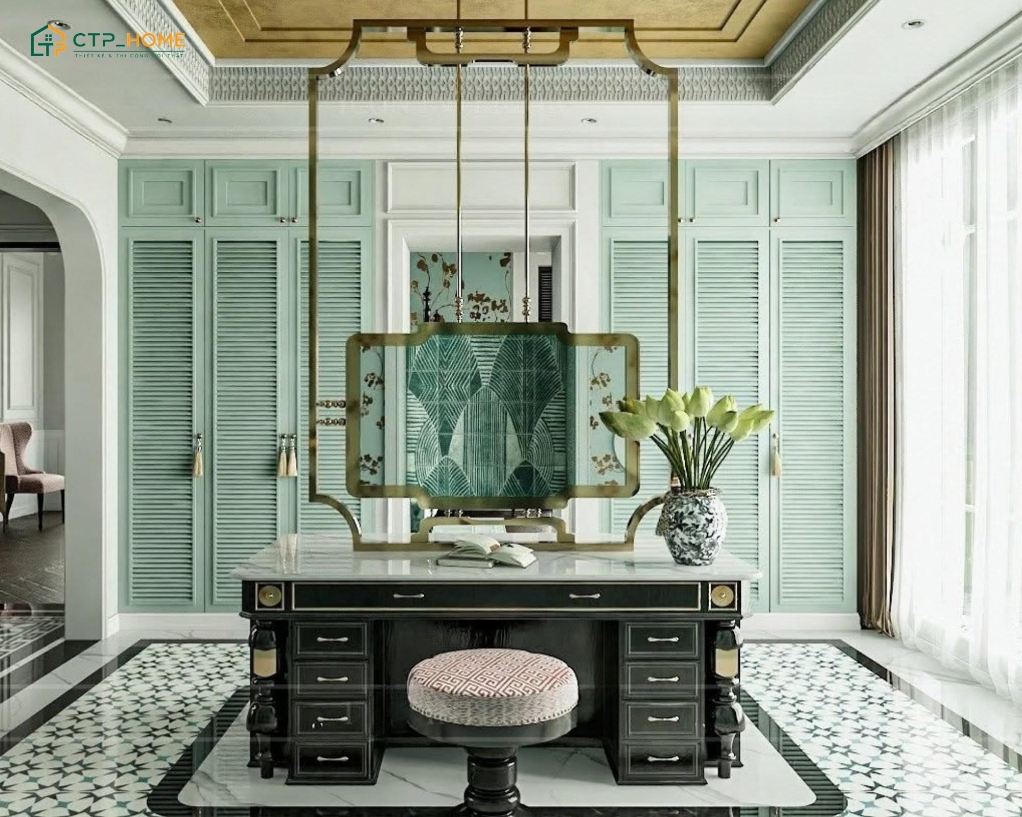 Phong cách Indochine sẽ ưu tiên chất liệu tự nhiên và bảng màu trầm ấm để tôn lên vẻ đẹp hoài cổ cho phòng thay đồ