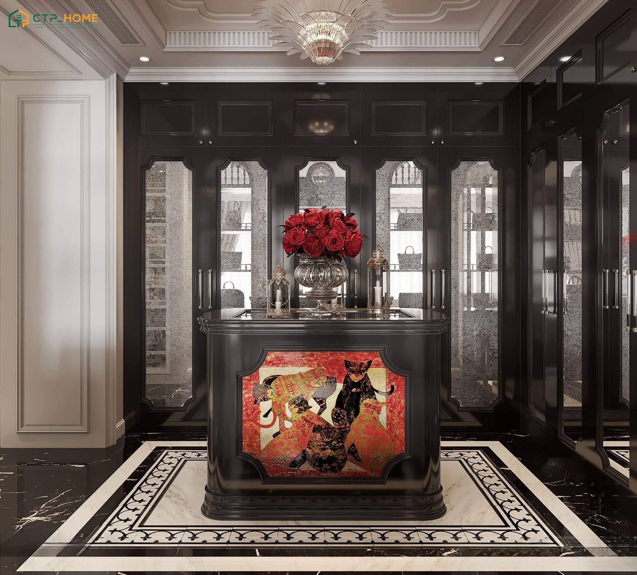Mẫu thiết kế phòng thay đồ phong cách Indochine gây ấn tượng với hệ tủ quần áo bằng gỗ tự nhiên màu trầm ấm